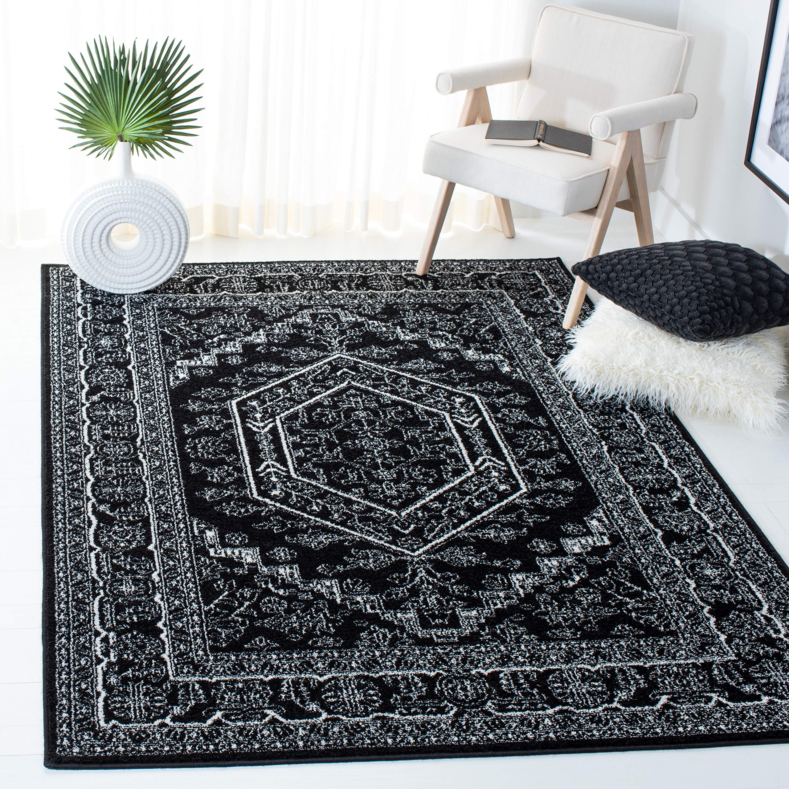 SAFAVIEH Adirondack Collection 8 Square Black/Ivory ADR108Z Oriental Medallion Non-Shedding Area Rug