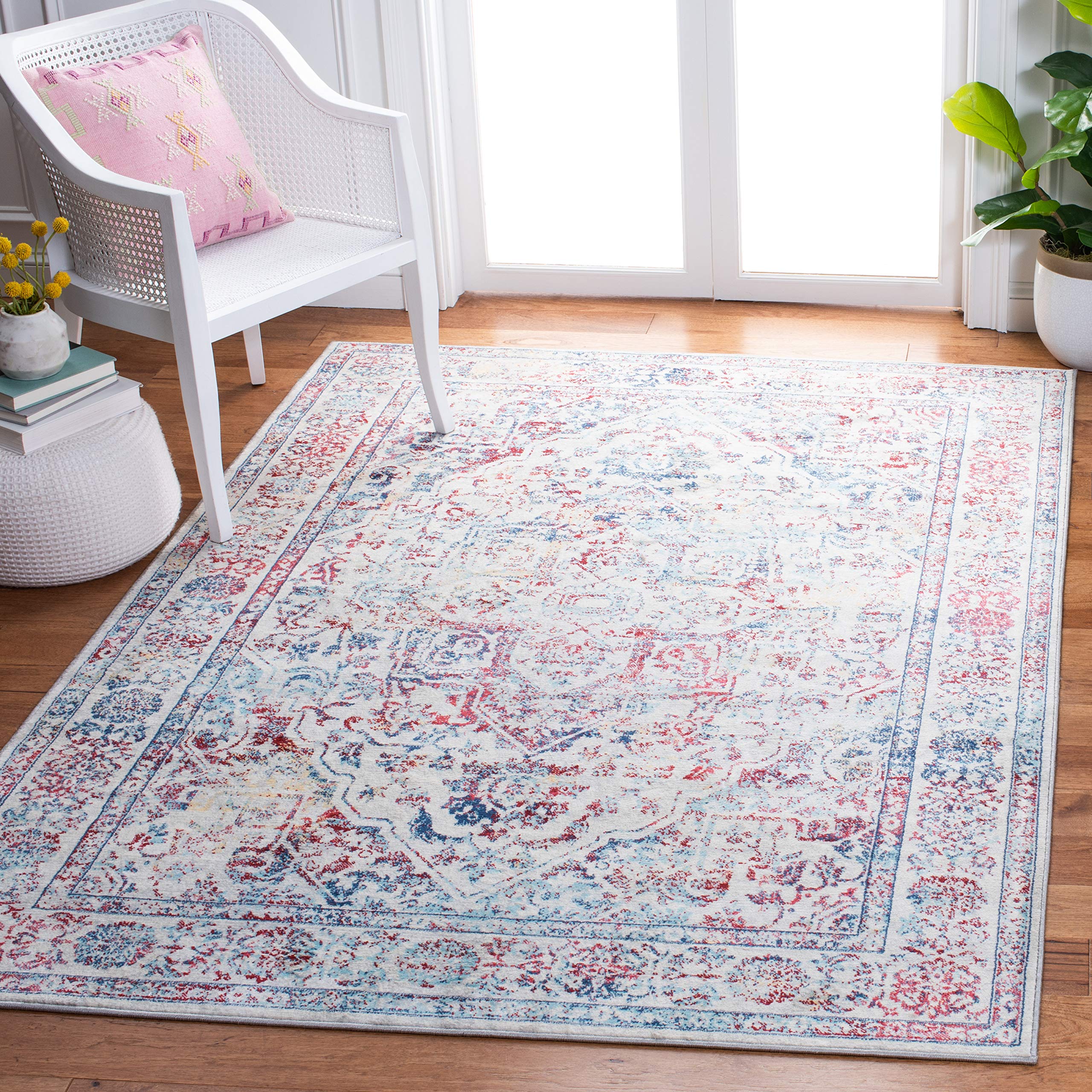 SAFAVIEH Brentwood Collection Area Rug - 3 Square, Ivory & Blue, Medallion Distressed Design, Non-Shedding & Easy Care, Ideal f