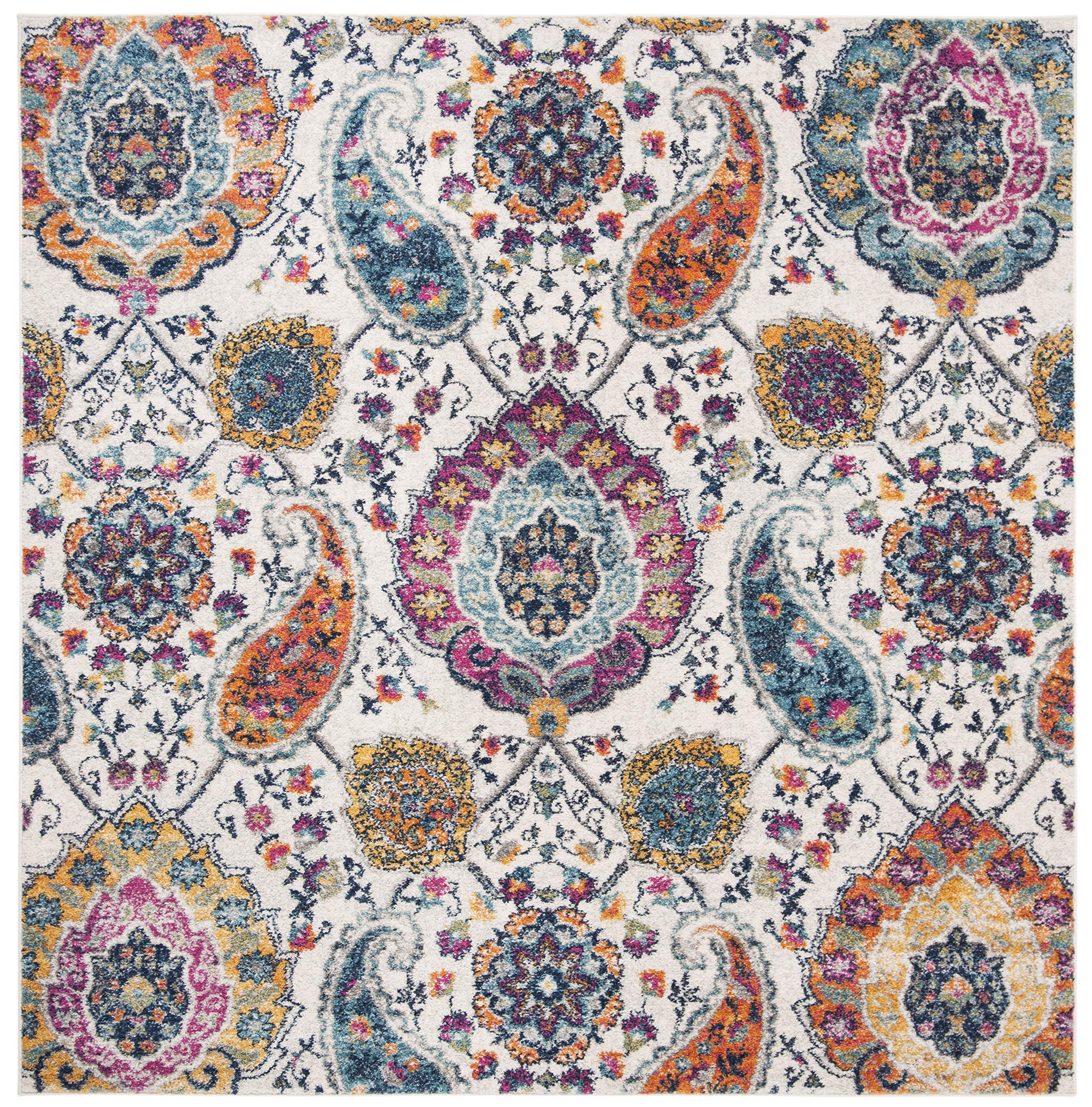 Safavieh Madison Collection Area Rug - 5'3'' Square, Cream & Multi, Boho Chic Glam Paisley Design, Non-Shedding & Easy Care, Ide