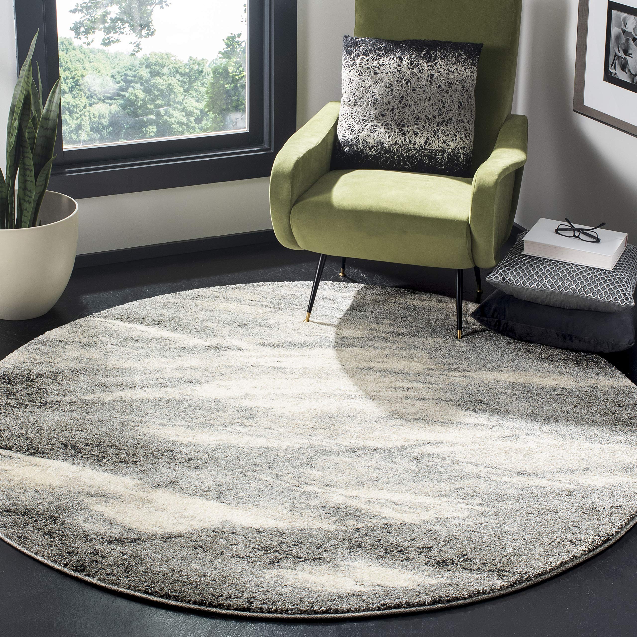 SAFAVIEH Retro Collection 4 Round Grey/Ivory RET2891 Modern Abstract Non-Shedding Dining Room Entryway Foyer Living Room Bedroo