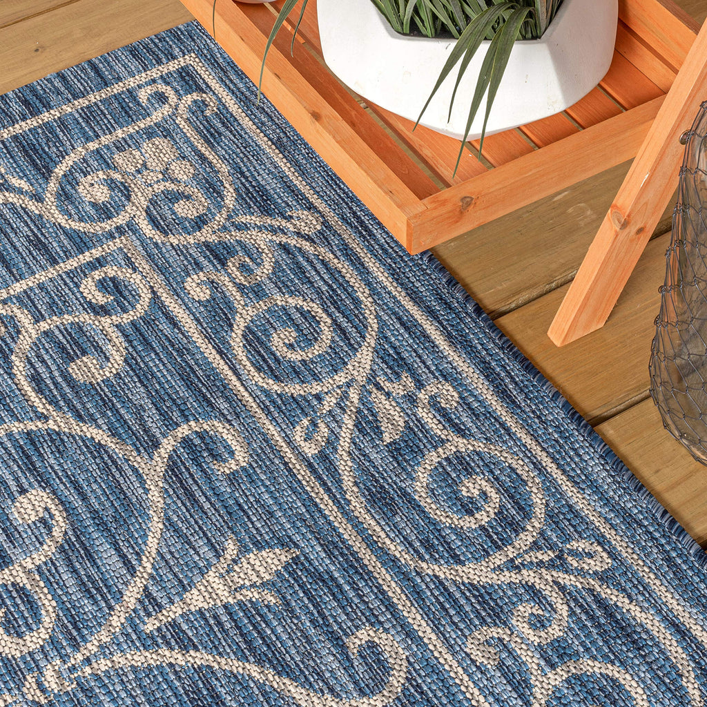 Jonathan Y Smb106D-5R Charleston Vintage Filigree Textured Weave Indoor Outdoor Area-Rug Classic Coastal Easy-Cleaning Bedroom Kitchen Backyard Patio Non Shedding, 5' Round, Navy/Gray
