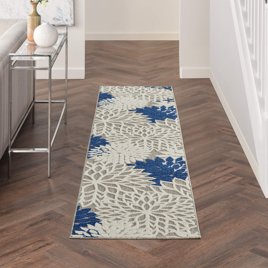 Nourison Aloha Indoor/Outdoor Ivory/Navy 2' X 6' Area -Rug, Easy -Cleaning, Non Shedding, Bed Room, Living Room, Dining Room, Ki