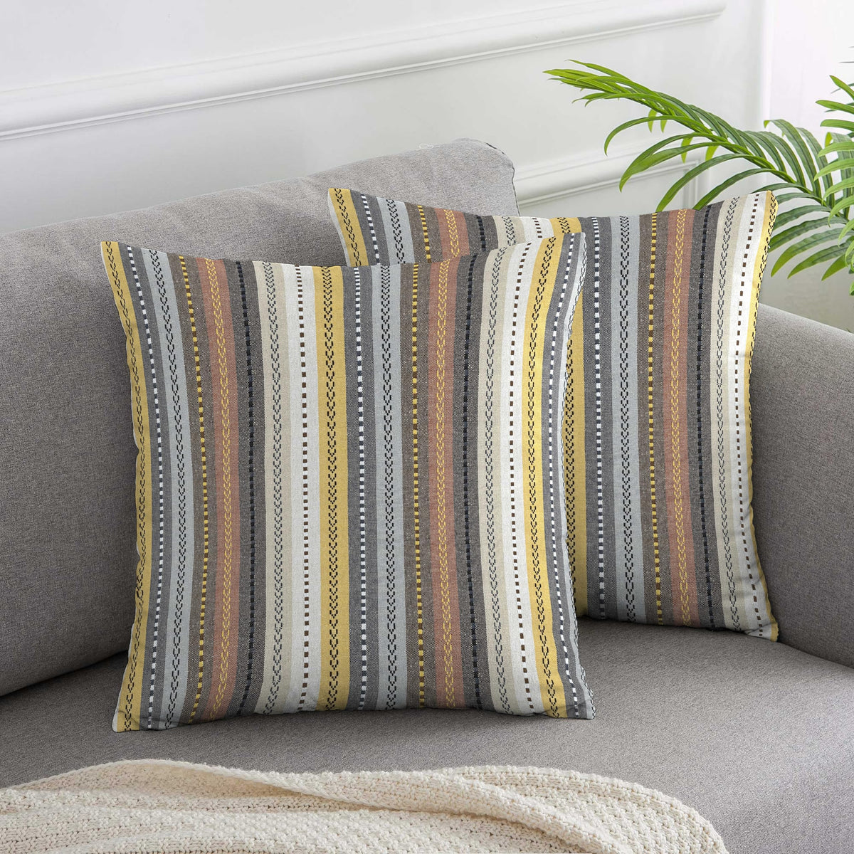 Amazon Brand  Umi Cotton Salsa Stripe Cushion Cover Set Of 2 16X16 Inch Beige/Mustard Multicolour Large Square Throw Pillow Cov