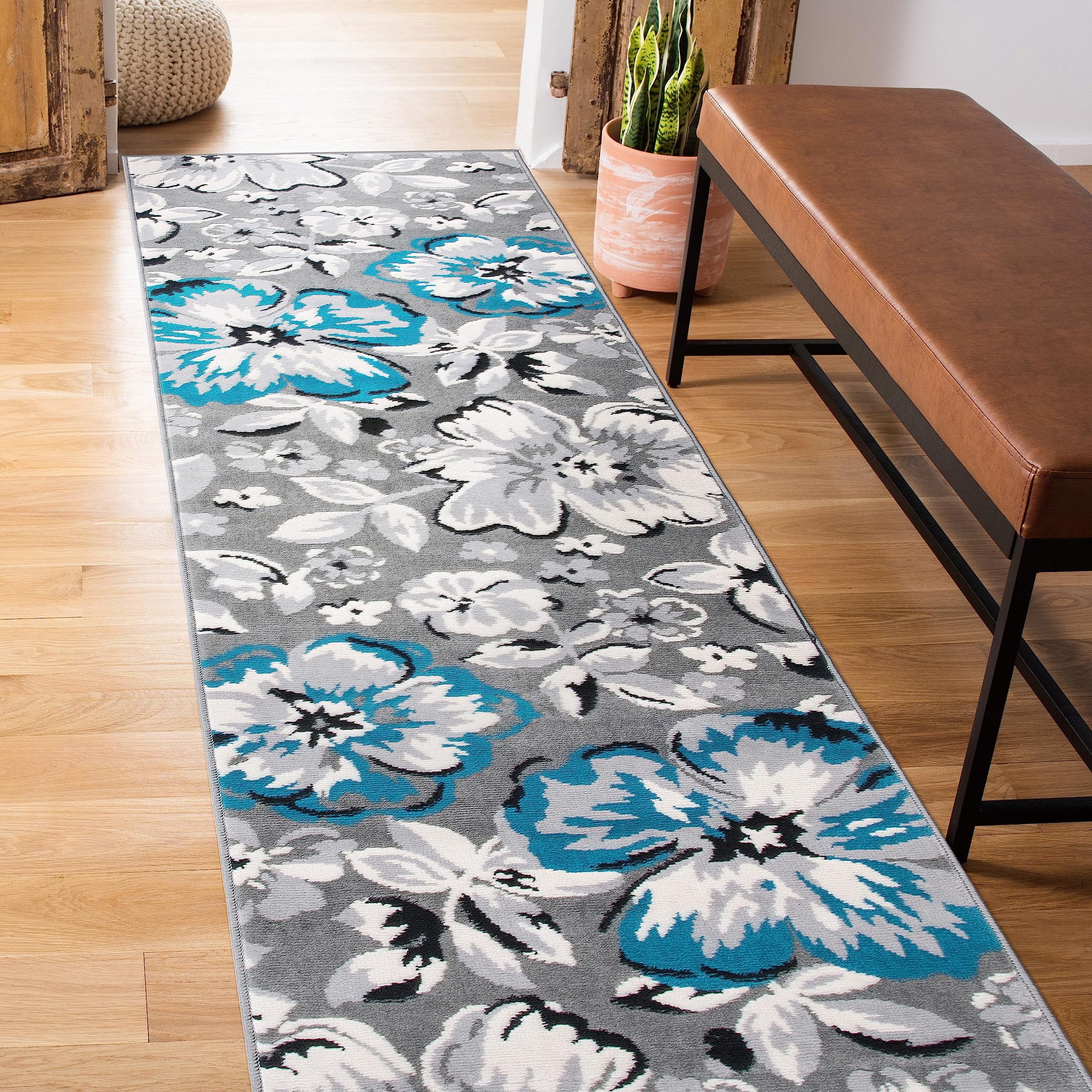 Rugshop Modern Floral Design Runner Rug for Living Room,Bedroom,Home Office,Kitchen Non Shedding Runner Rug 2 X 7 2 Blue