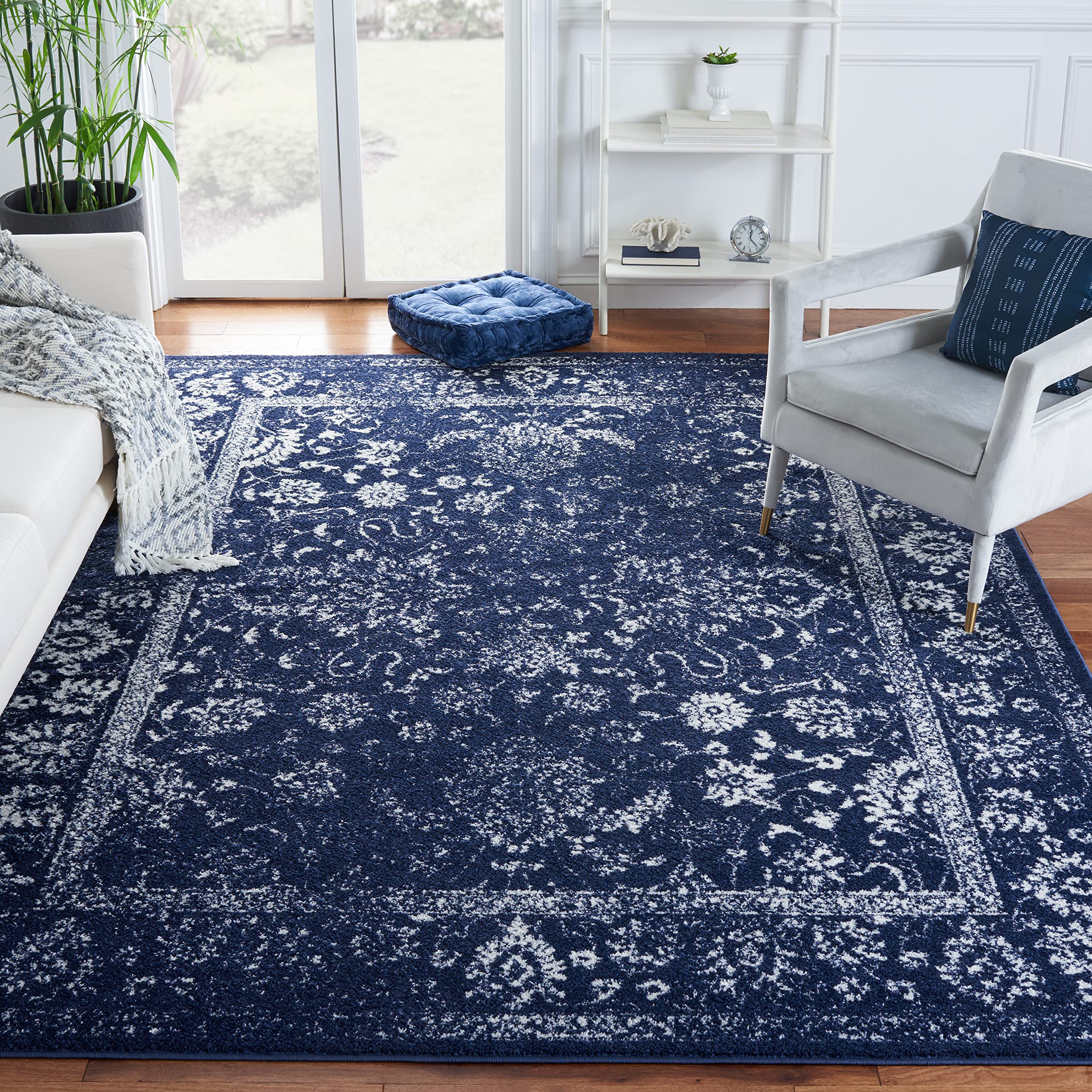 SAFAVIEH Adirondack Collection Area Rug - 26 x 22, Navy & Ivory, Oriental Distressed Design, Non-Shedding & Easy Care, Ideal f