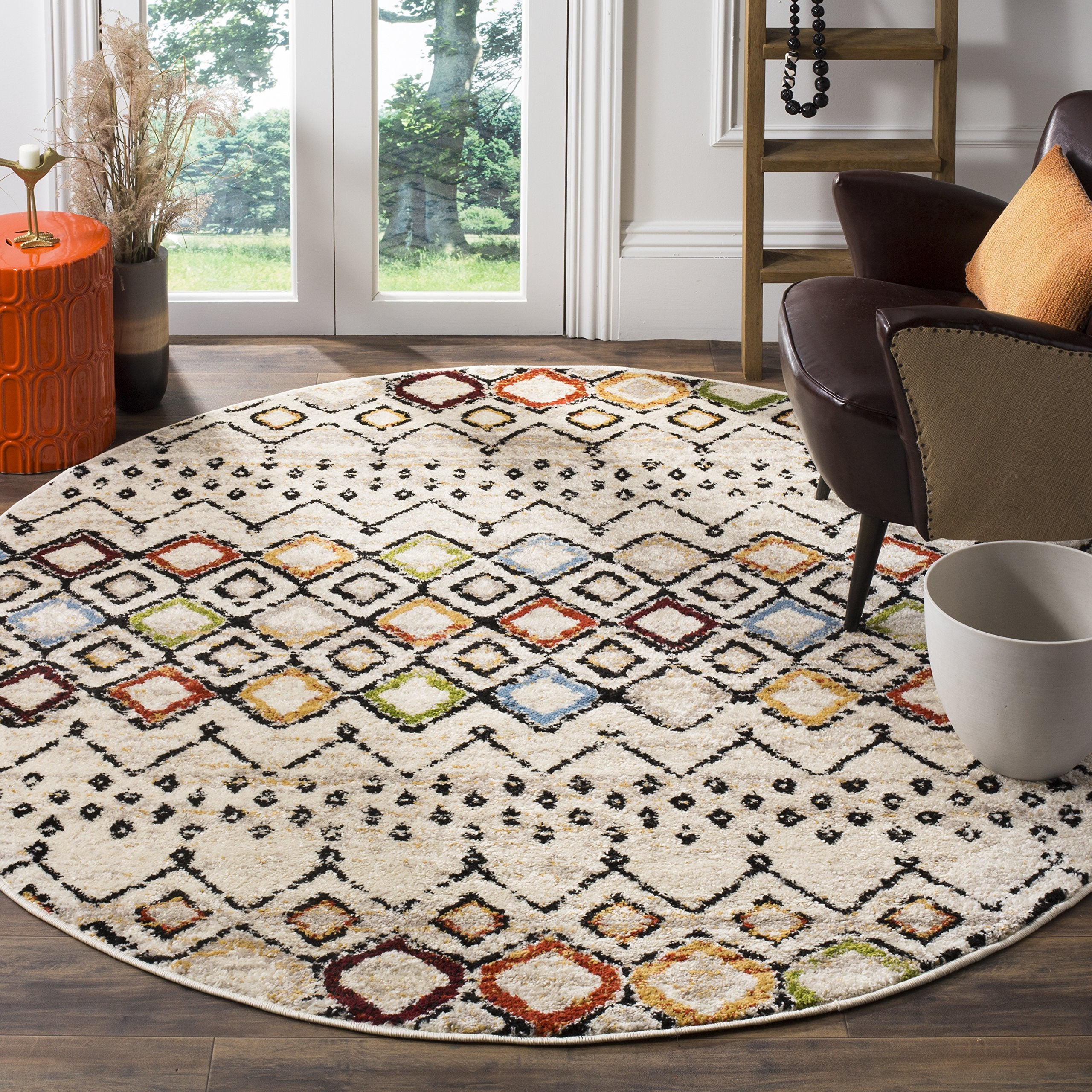 SAFAVIEH Amsterdam Collection 11 Round Ivory/Multi AMS108K Moroccan Boho Non-Shedding Dining Room Entryway Foyer Living Room Be