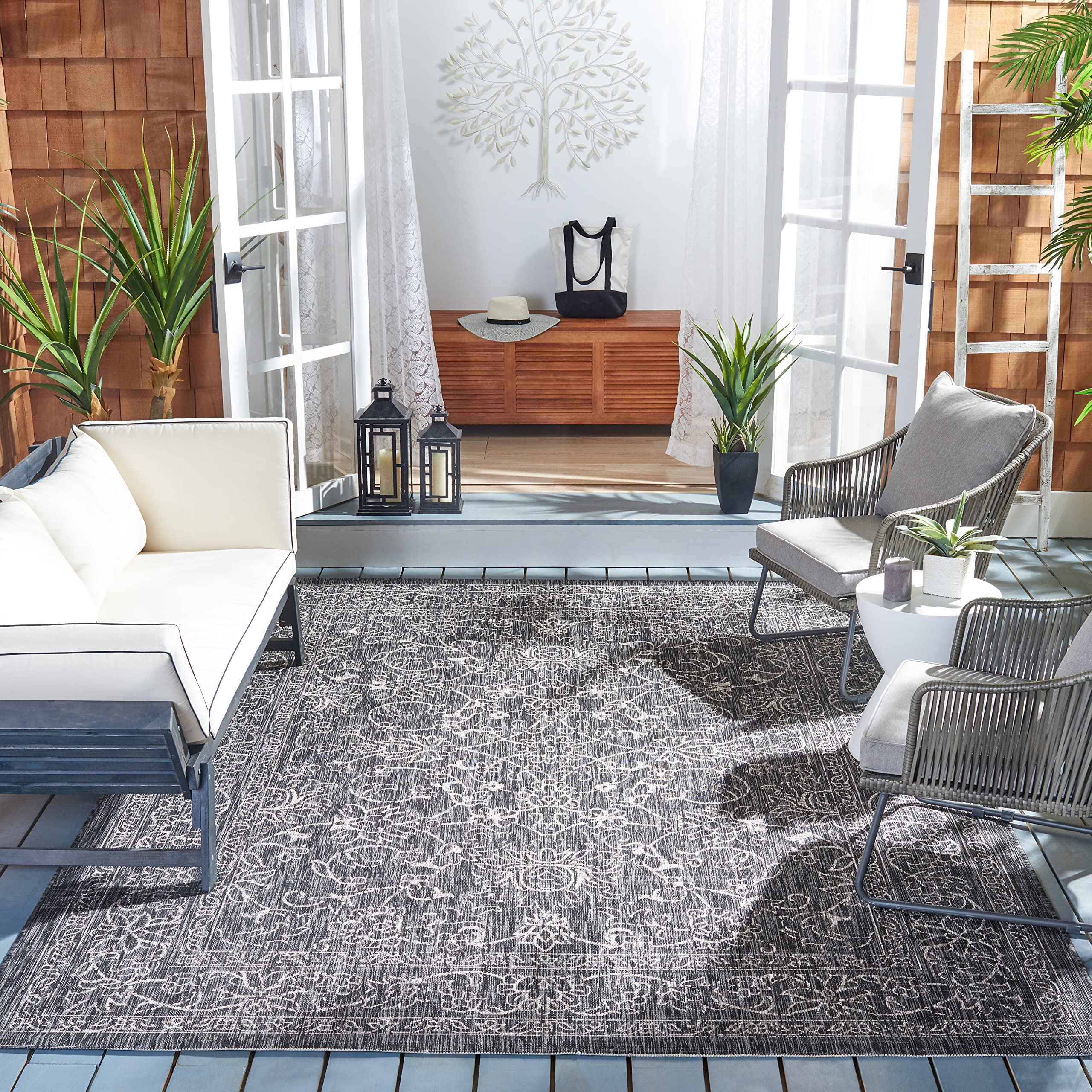 Safavieh Courtyard Collection Area Rug - 9' X 12', Black & Ivory, Non-Shedding & Easy Care, Indoor/Outdoor & Washable-Ideal For