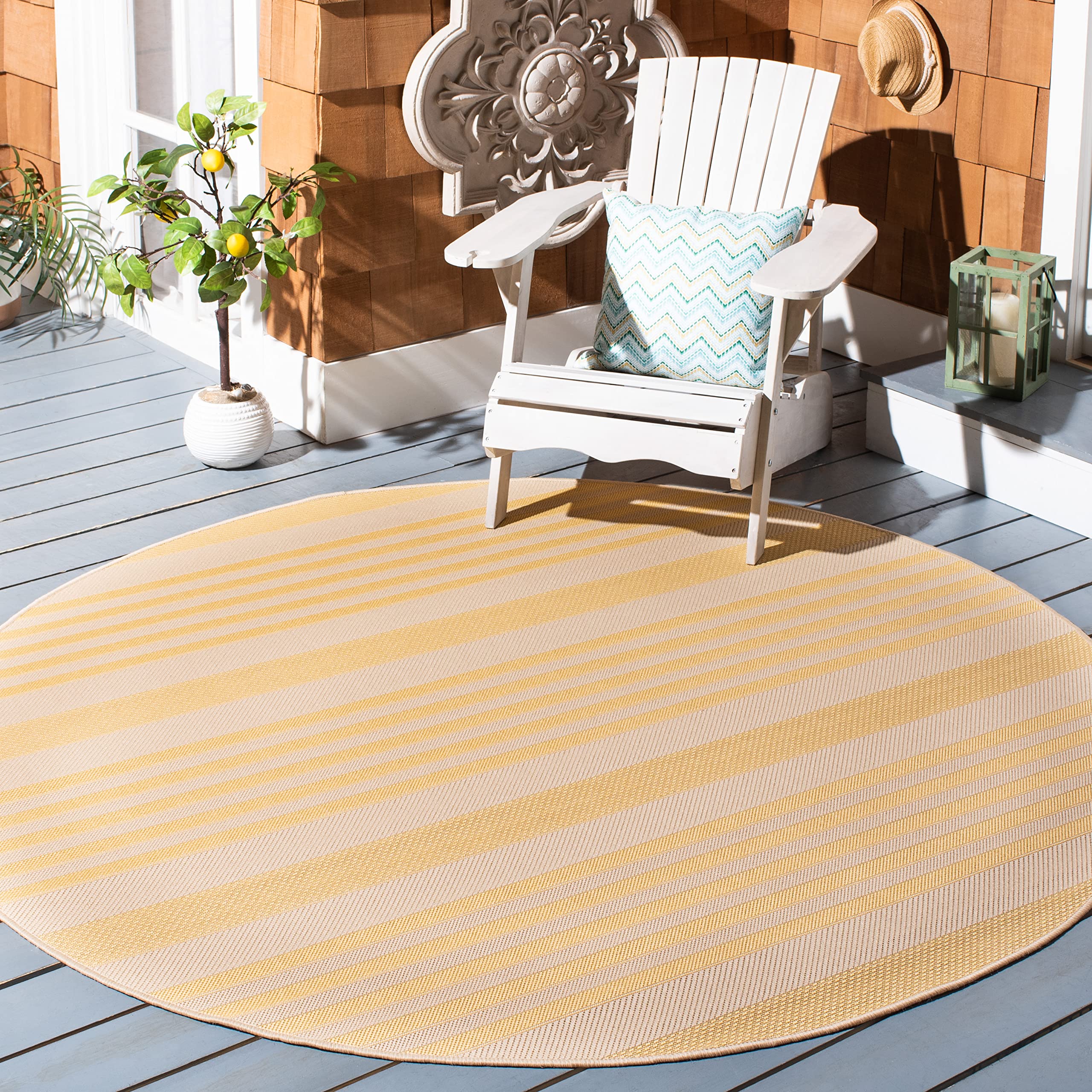 Safavieh Courtyard Collection 6'7'' Round Gold/Beige Cy6062 Stripe Indoor/ Outside Waterproof Easy Cleansingpatio Backyard Mudro