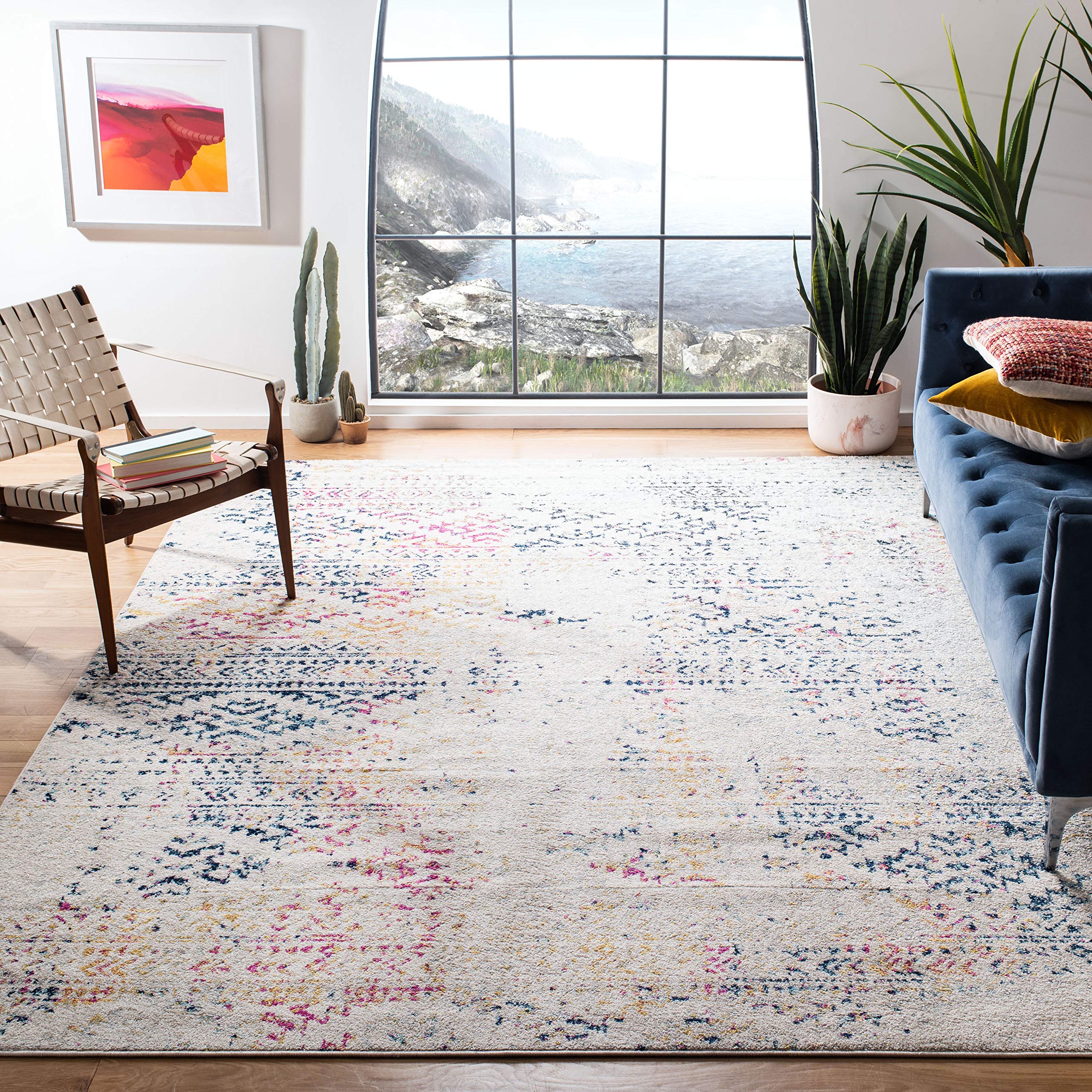 SAFAVIEH Tulum Collection 9 Square Ivory/Blue TUL272C Moroccan Boho Tribal Non-Shedding Living Room Bedroom Dining Home Office 