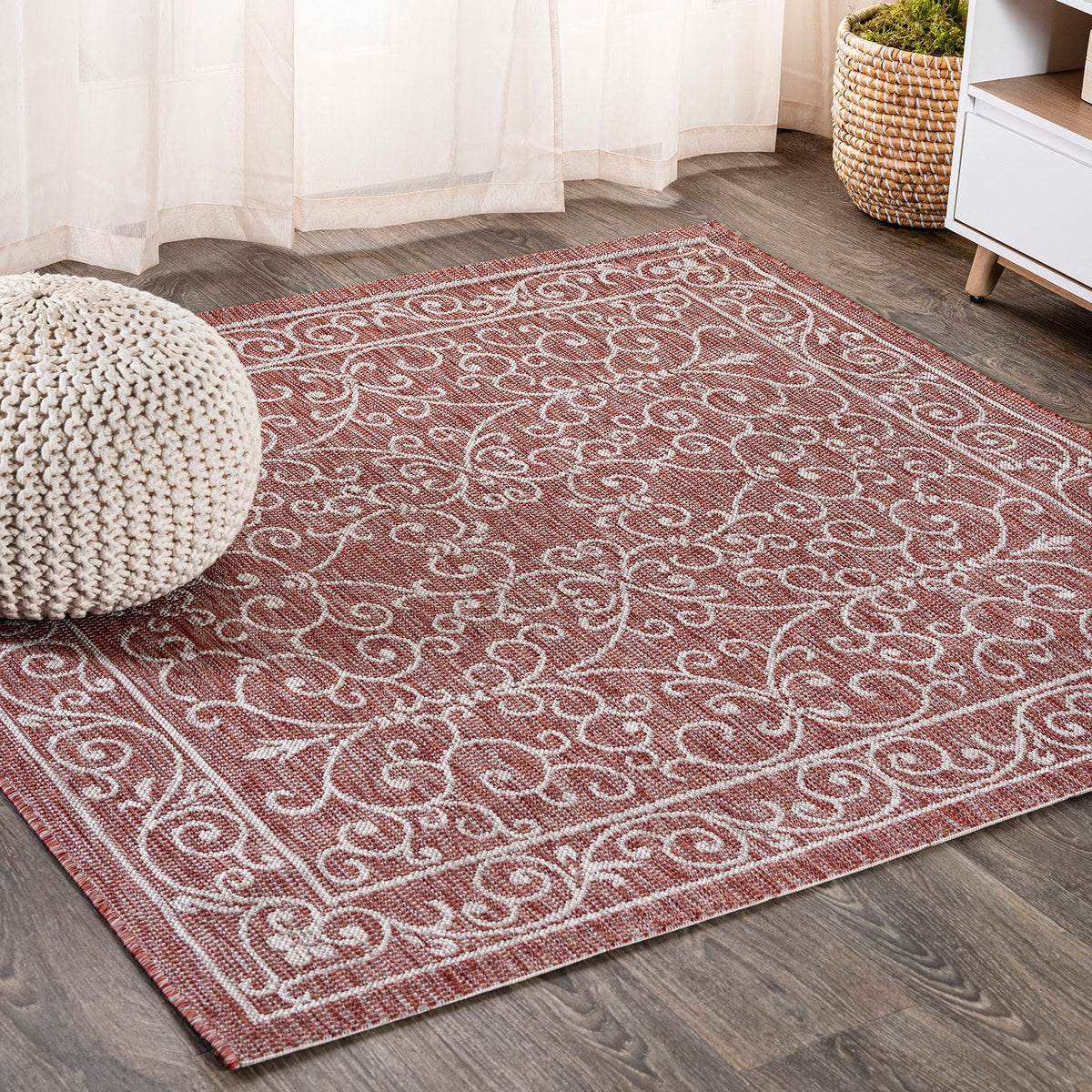 Jonathan Y Smb106B-4Sq Charleston Vintage Filigree Textured Weave Red/Beige 4' Square Indoor/Outdoor Area Rug, Pet Friendly, Non