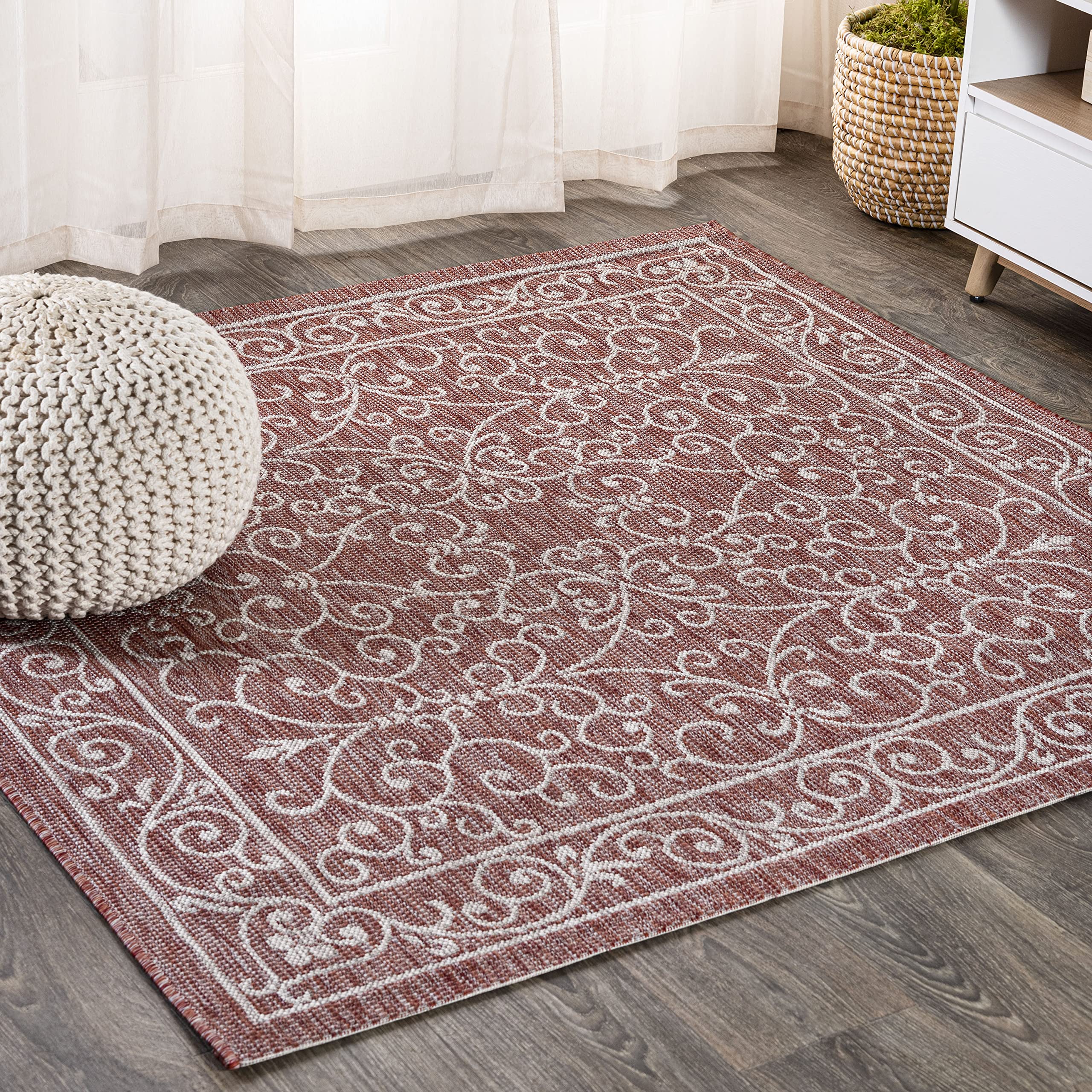 Jonathan Y Smb106B-6Sq Charleston Vintage Filigree Textured Weave Red/Beige 6' Square Indoor/Outdoor Area Rug, Pet Friendly, Non