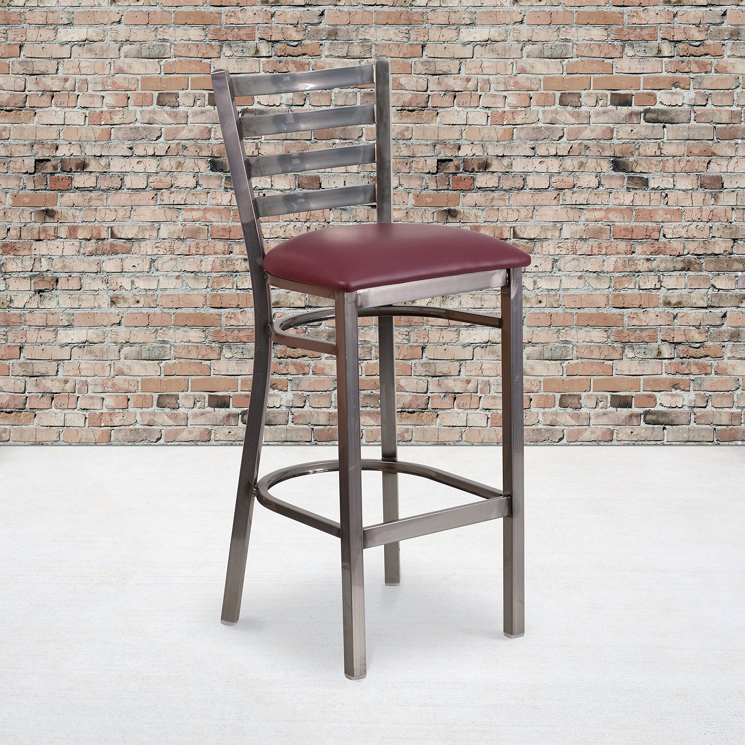 Flash Furniture Hercules Series Clear Coated Ladder Back Metal Restaurant Barstool - Burgundy Vinyl Seat