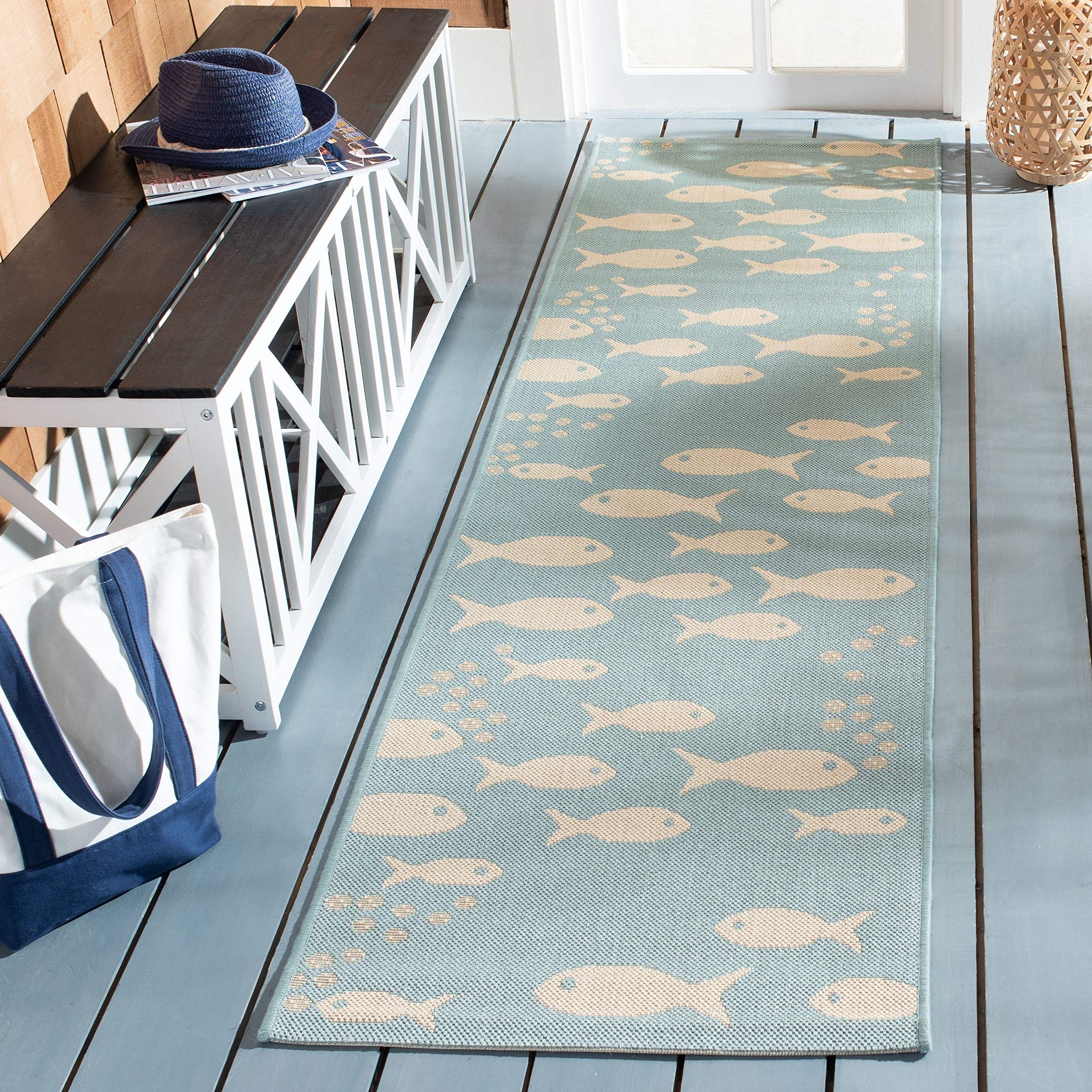 Safavieh Courtyard Collection Runner Rug - 2'3' X 14', Aqua & Beige, Non-Shedding & Easy Care, Indoor/Outdoor & Washable-Ideal