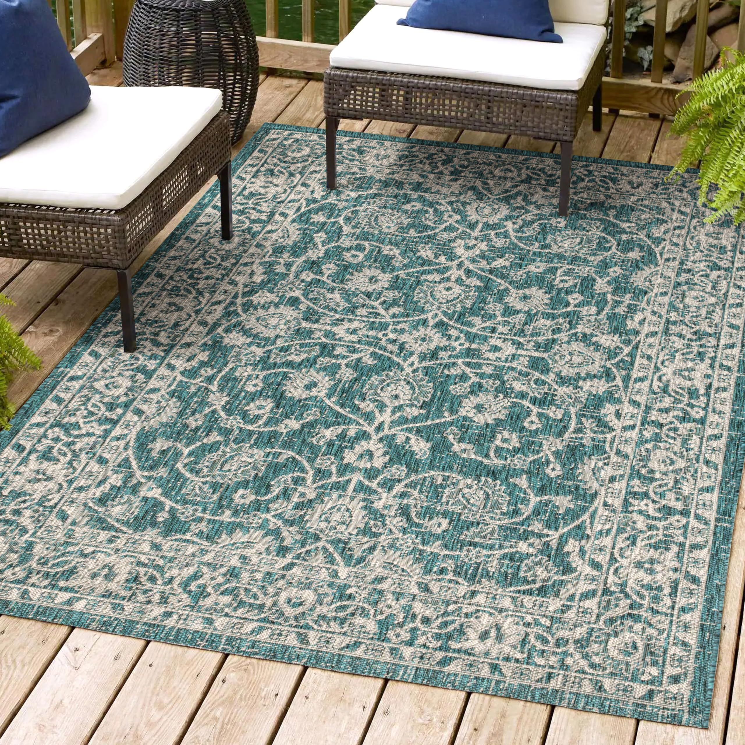 Jonathan Y Smb103B-5 Palazzo Vine And Border Textured Weave Indoor/Outdoor Teal/Gray 5 Ft. X 8 Ft. Area-Rug, Coastal,Easy-Cleaning,Hightraffic,Livingroom,Backyard, Non Shedding