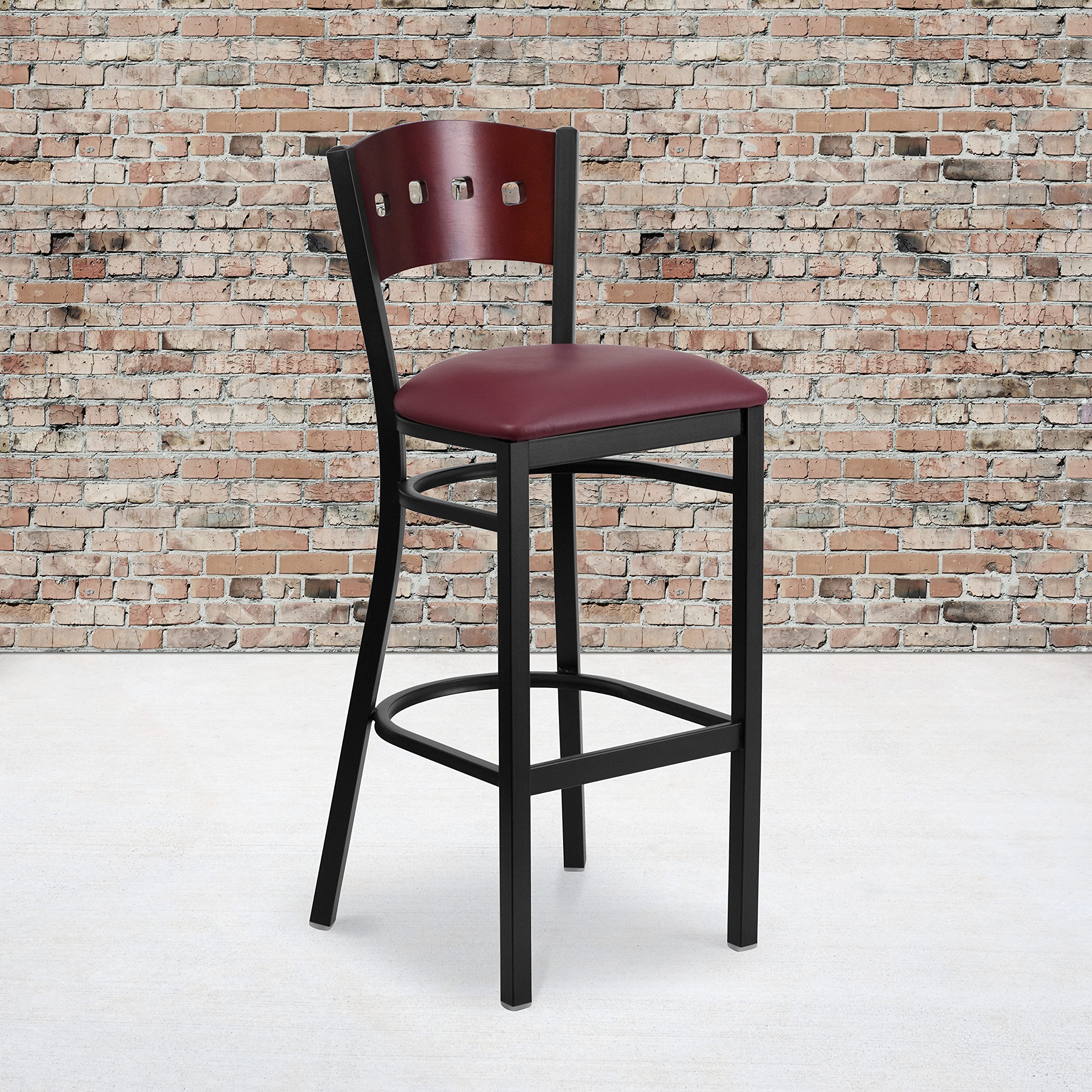 Flash Furniture HERCULES Series Black 4 Square Back Metal Restaurant Barstool - Mahogany Wood Back, Burgundy Vinyl Seat