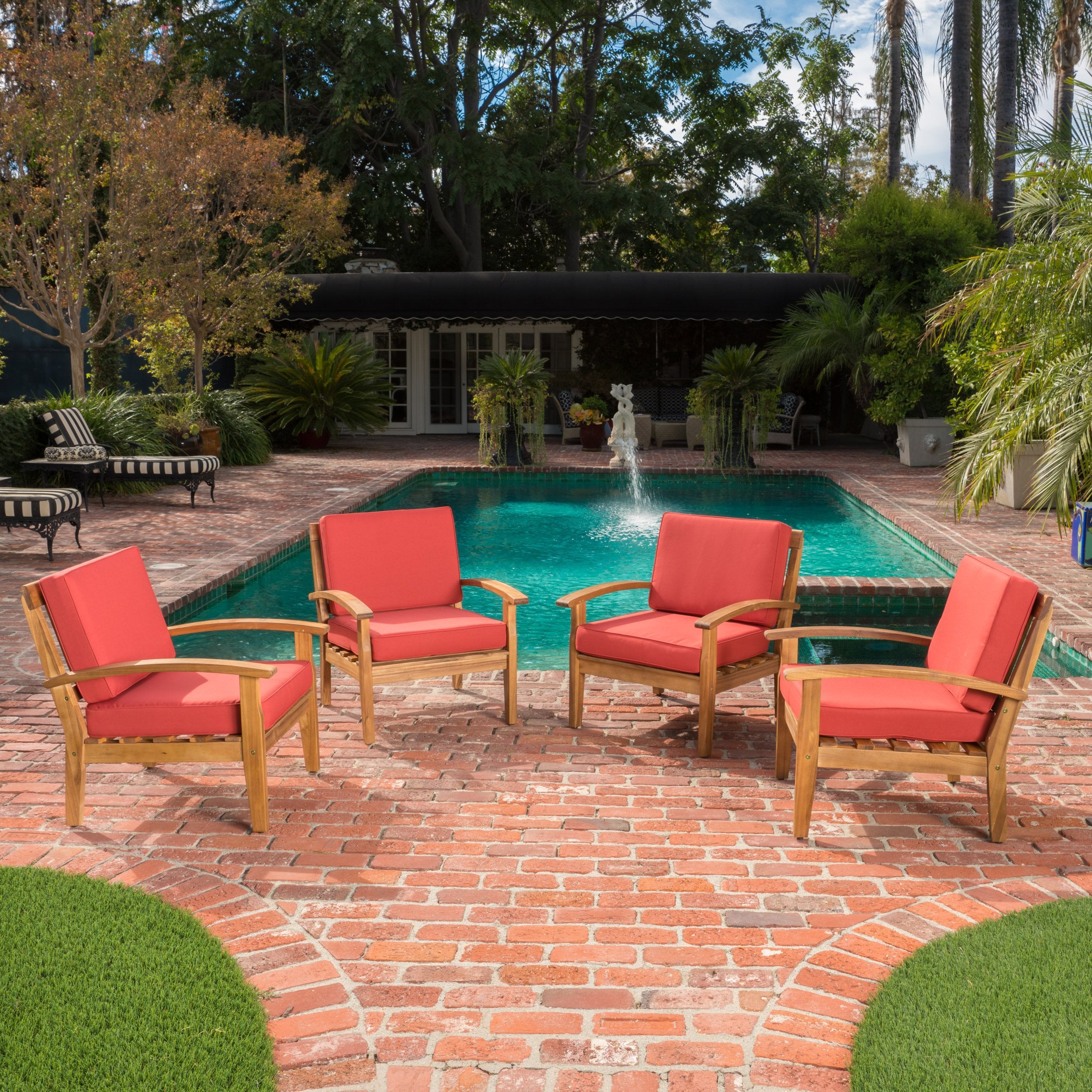 Christopher Knight Home Peyton Outdoor Wooden Club Chairs with Cushions, 4-Pcs Set, Teak Finish / Red