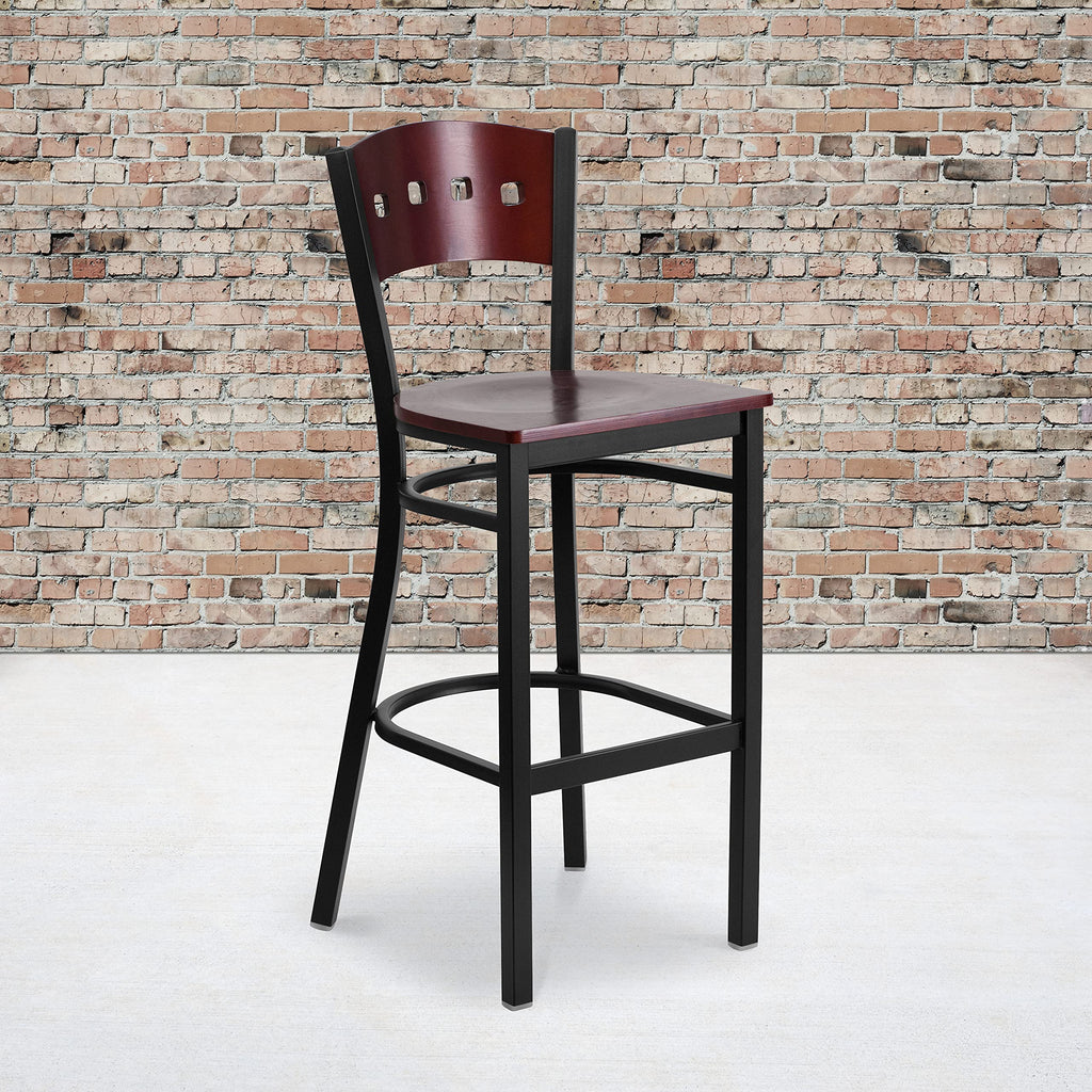 Flash Furniture HERCULES Series Black 4 Square Back Metal Restaurant Barstool - Mahogany Wood Back & Seat