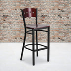 Flash Furniture HERCULES Series Black 4 Square Back Metal Restaurant Barstool - Mahogany Wood Back & Seat