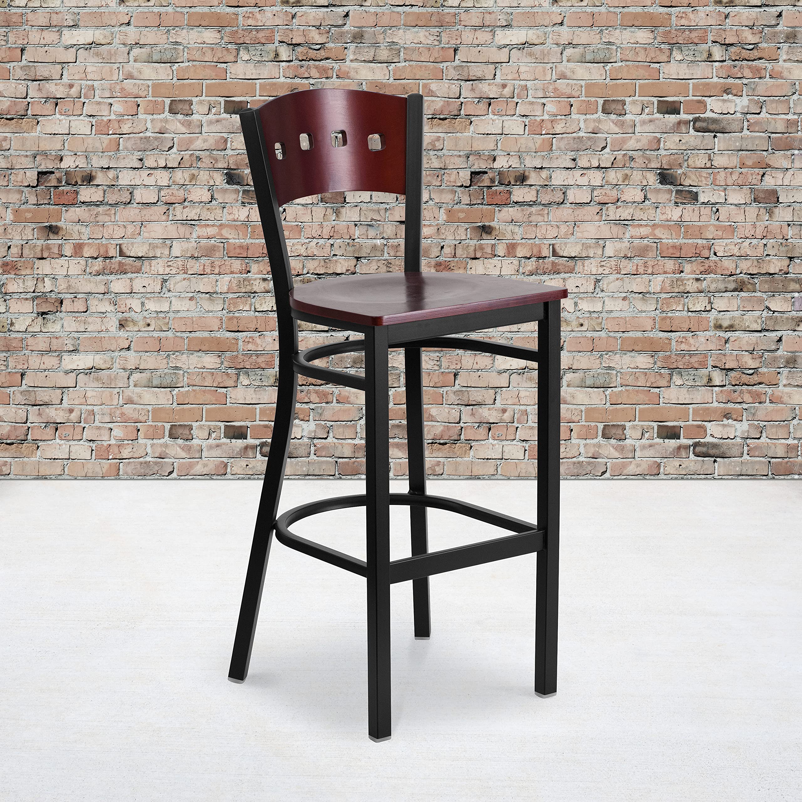 Flash Furniture HERCULES Series Black 4 Square Back Metal Restaurant Barstool - Mahogany Wood Back & Seat