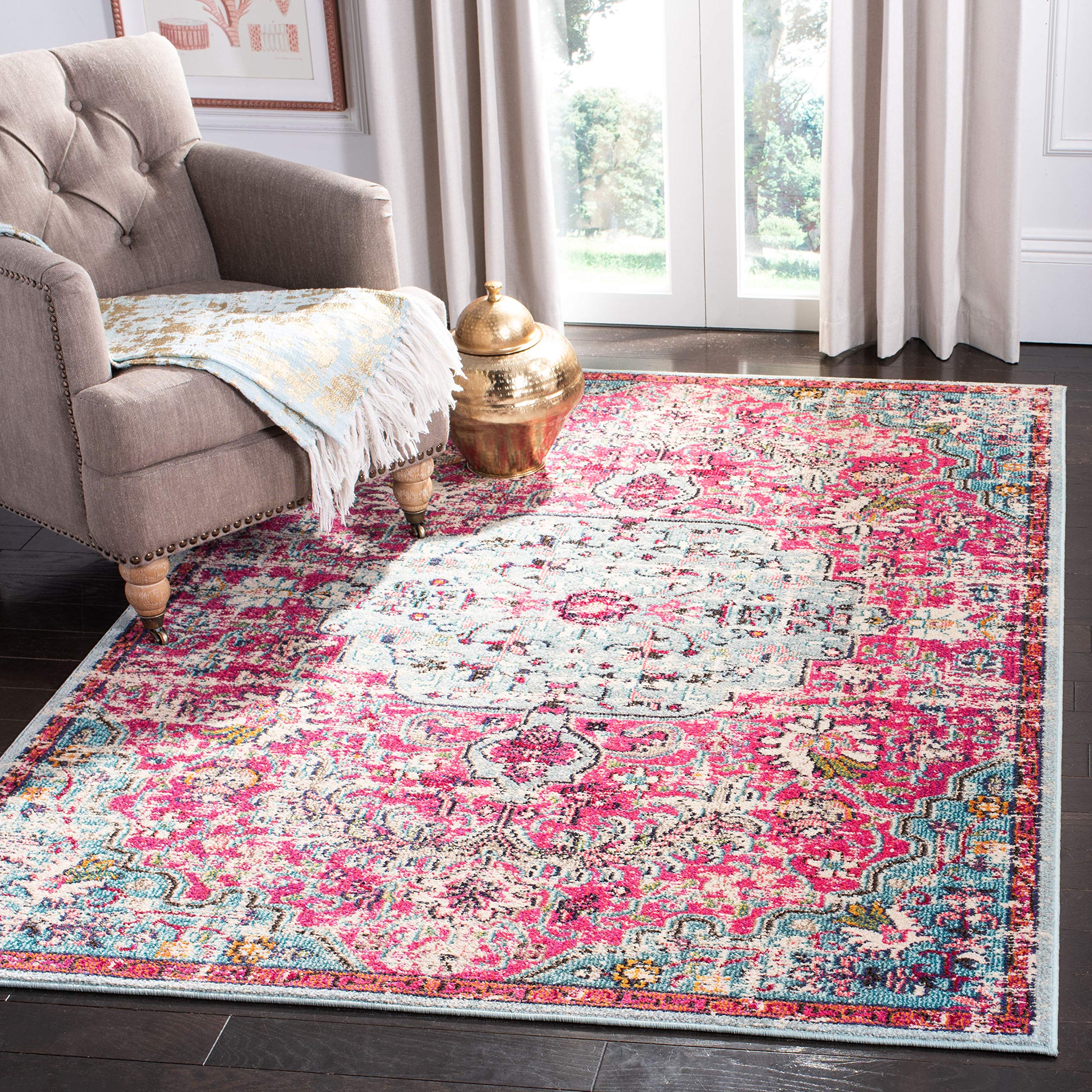 SAFAVIEH Madison Collection Area Rug - 6 x 9, Fuchsia & Teal, Boho Chic Medallion Distressed Design, Non-Shedding & Easy Care,