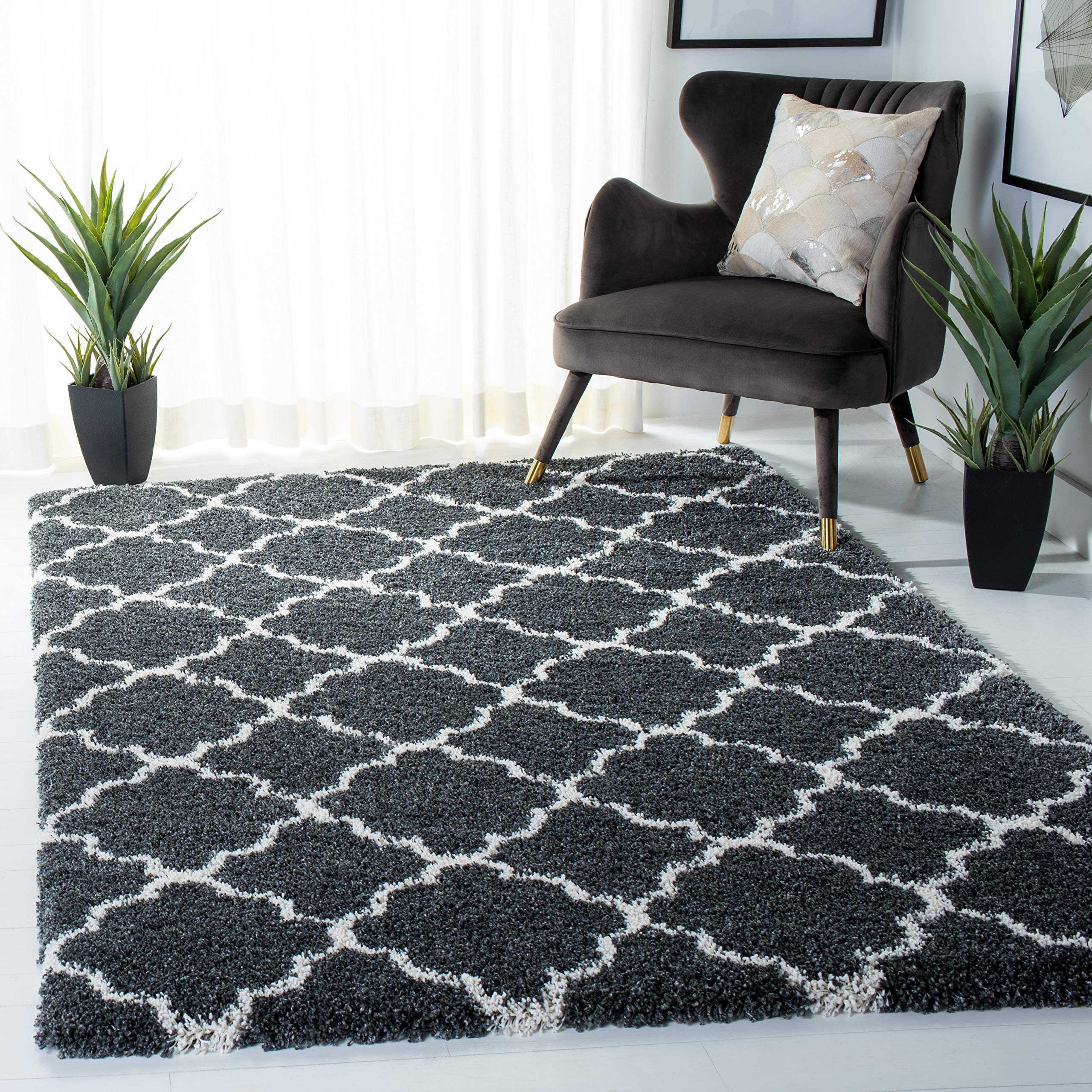 SAFAVIEH Hudson Shag Collection Accent Rug - 4 x 6, Dark Grey & Ivory, Trellis Design, Non-Shedding & Easy Care, 2-inch Thick 