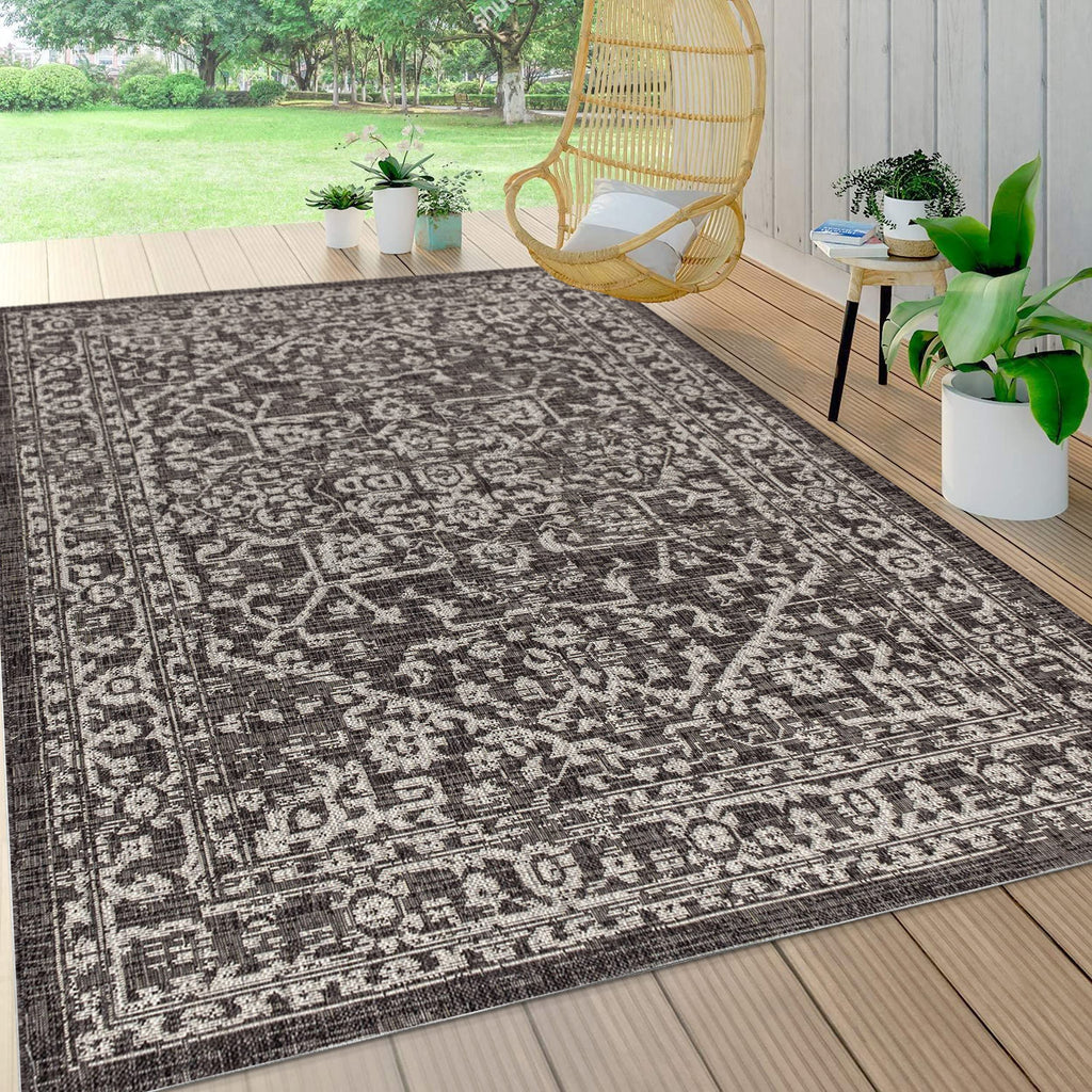 Jonathan Y Smb104C-8 Malta Bohemian Medallion Textured Weave Indoor Outdoor Area -Rug, Coastal, Traditional, Transitional Easy -Cleaning,Bedroom,Kitchen,Backyard,Patio,Non Shedding, Black/Gray, 8 X 10