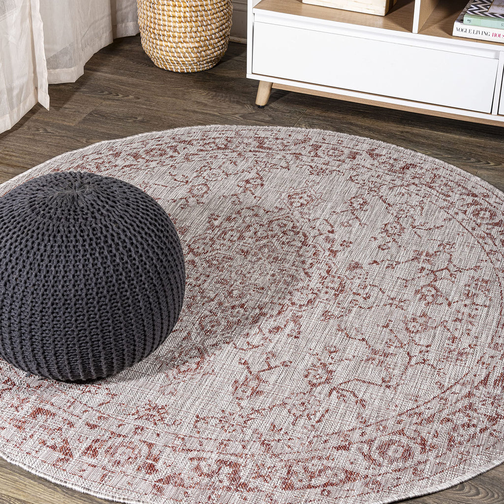 Jonathan Y Smb102A-5R Rozetta Boho Medallion Textured Weave Indoor Outdoor Area Rug Coastal Bohemian Rustic Glam Easy Cleaning Bedroom Kitchen Backyard Patio Non Shedding, 5' Round, Red/Taupe
