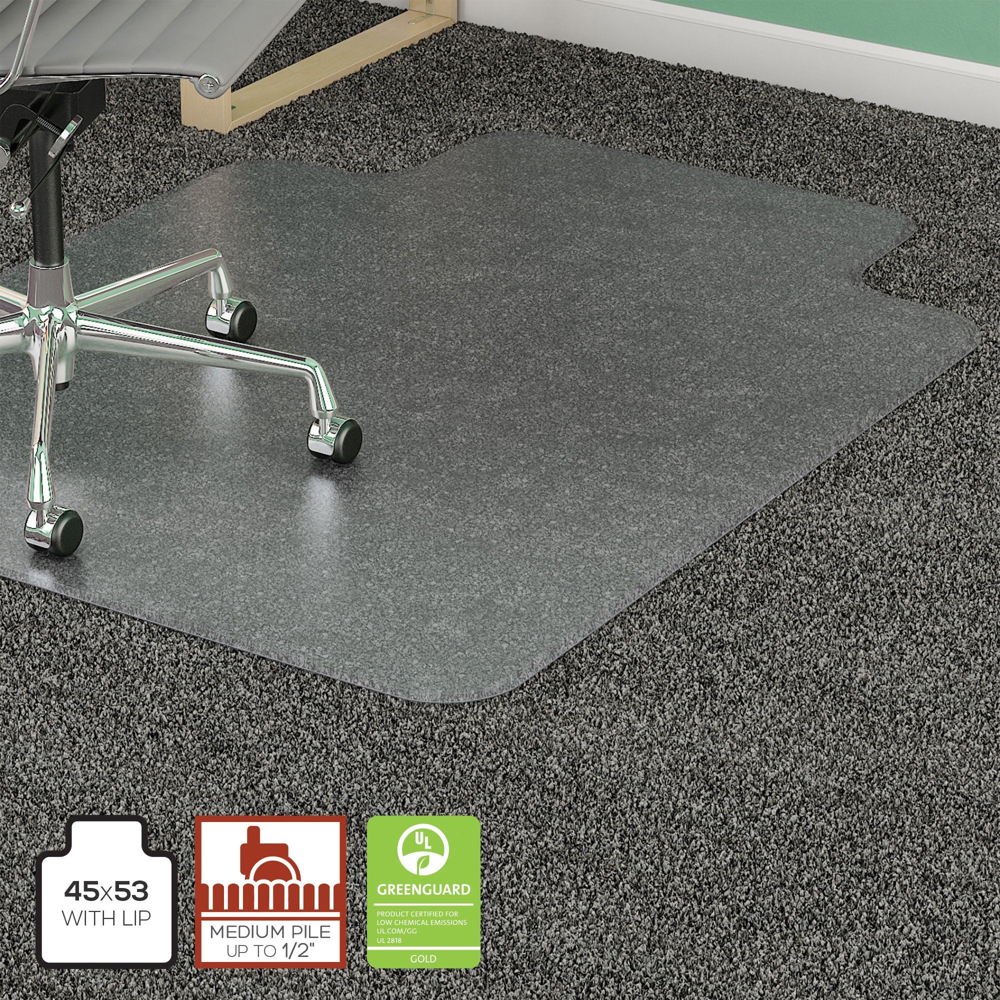 Lorell, LLR25756, PlushMat Wide Lip Chairmat, 1 / Each, Clear
