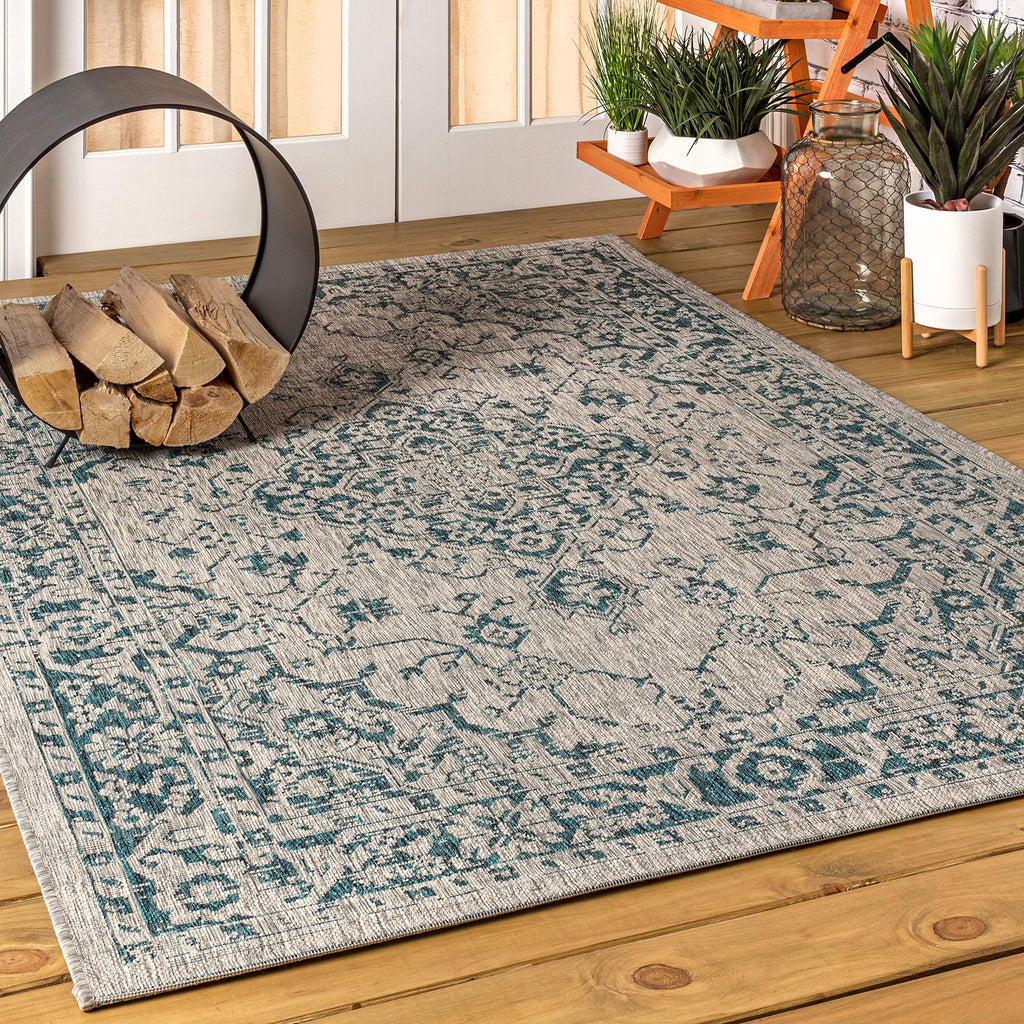 Jonathan Y Smb102C-3 Rozetta Boho Medallion Textured Weave Indoor Outdoor Area -Rug Coastal Bohemian Rustic Glam Easy -Cleaning Bedroom Kitchen Backyard Patio Non Shedding, 3 X 5, Gray/Teal