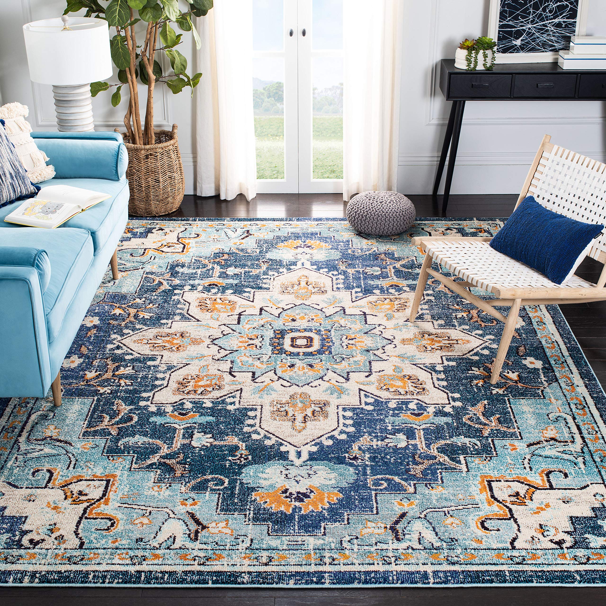 SAFAVIEH Madison Collection 12 Square Blue / Light Blue MAD473M Boho Chic Medallion Distressed Non-Shedding Living Room Bedroom