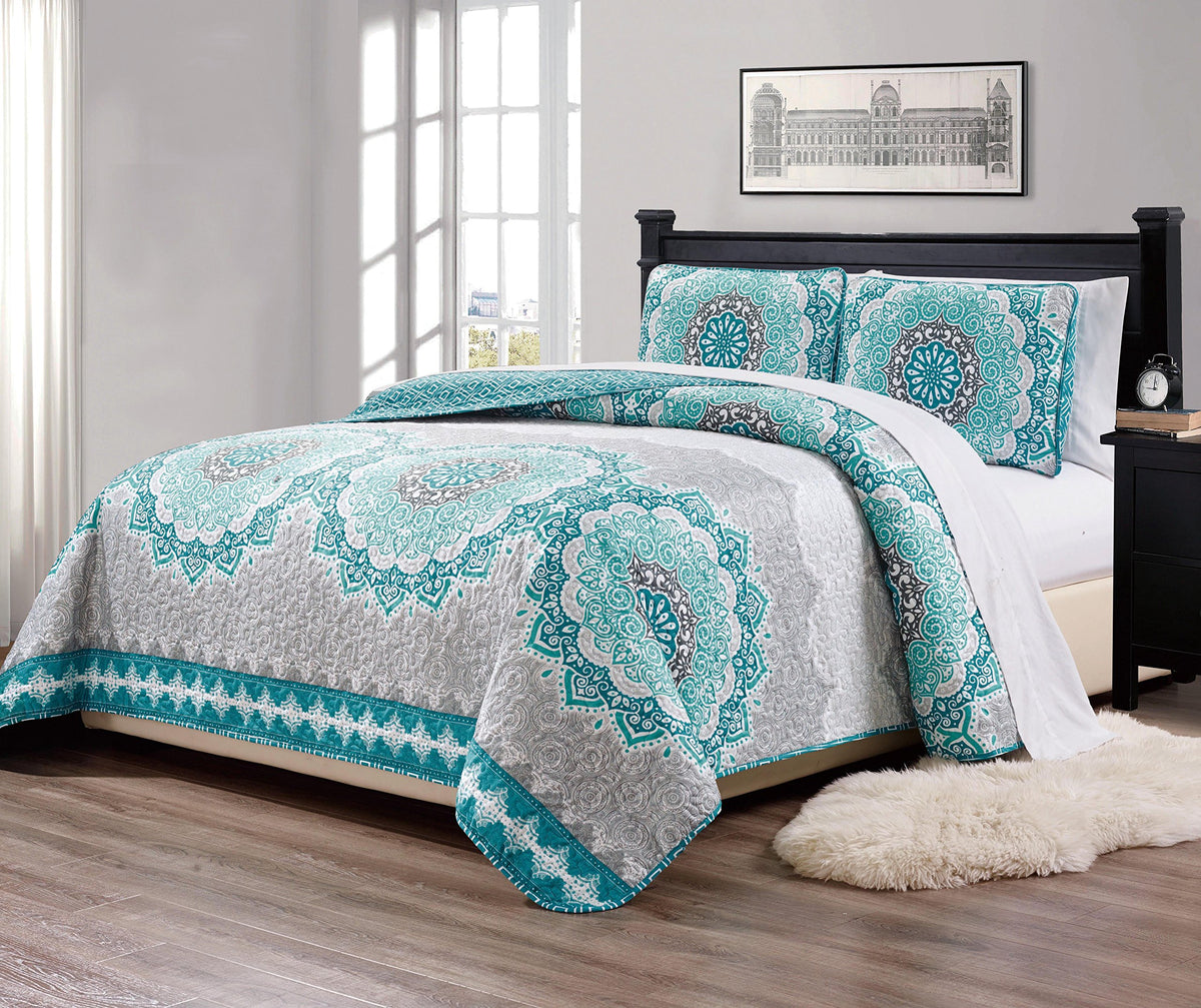 Linen Plus Full/Queen 3Pc Over Size Quilted Bedspread Floral Medallion Turquoise Teal Aqua Coastal Plain/Gray Green New
