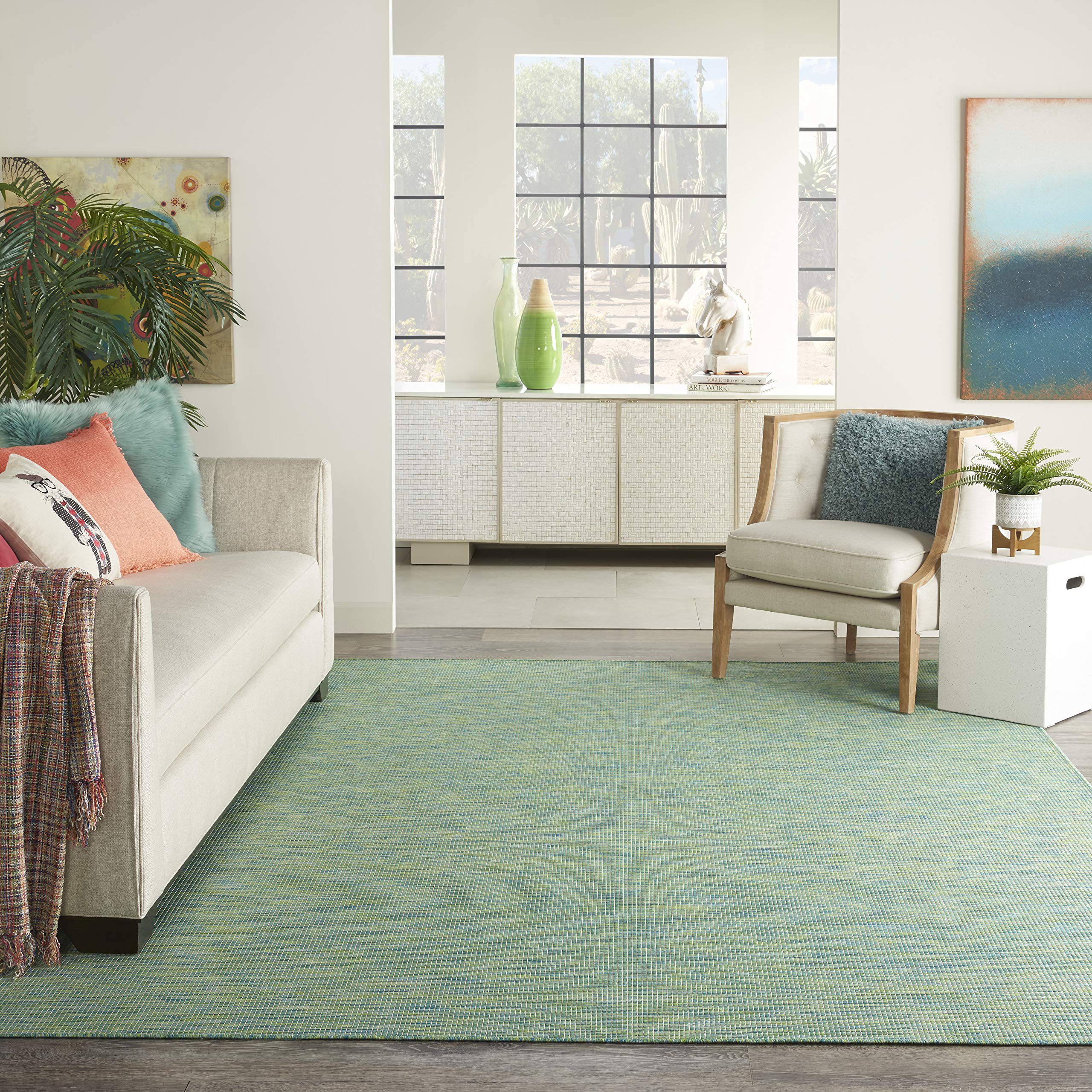 Nourison Positano Indoor/Outdoor Blue/Green 9' X 12' Area Rug, Easy Cleaning, Non Shedding, Bed Room, Living Room, Dining Room,
