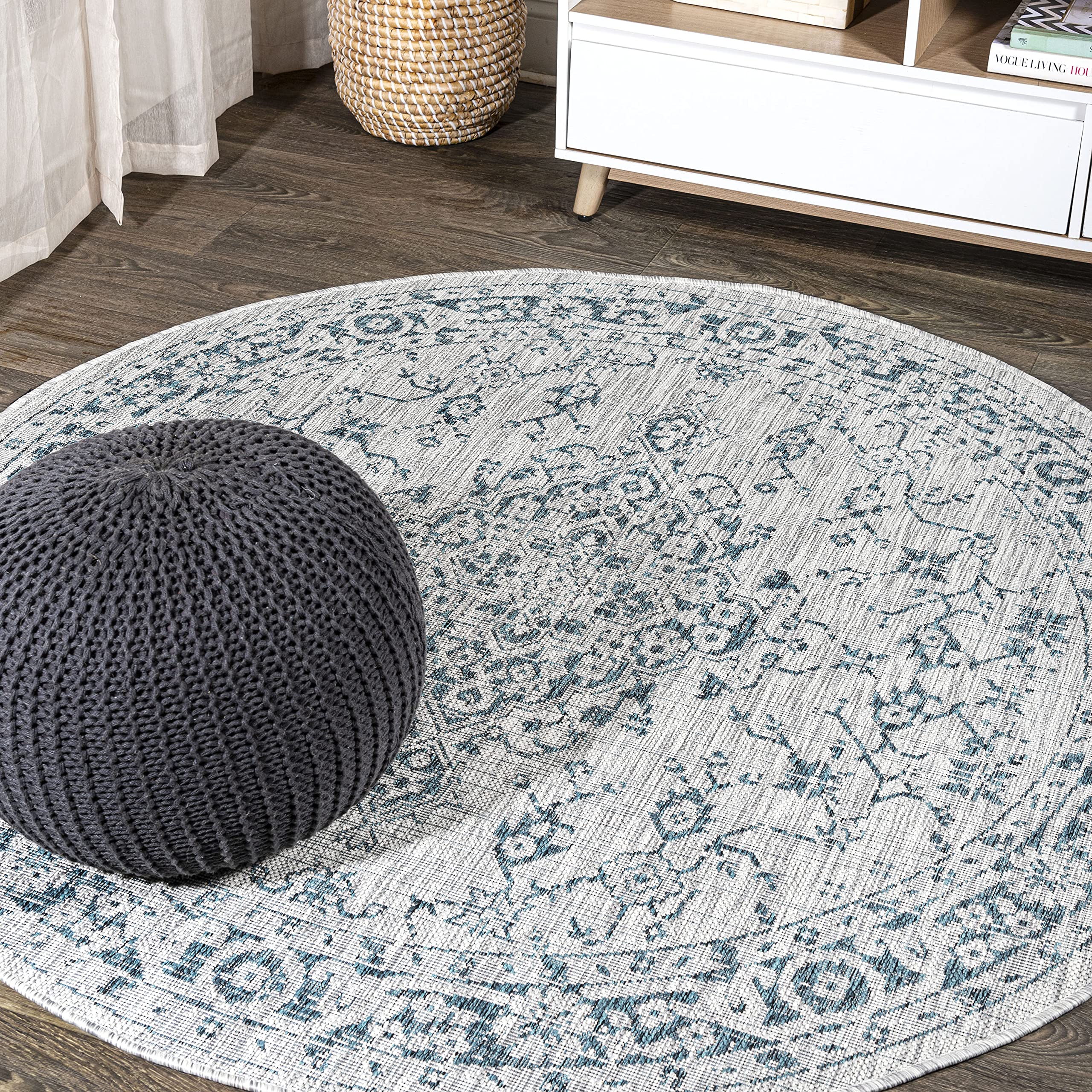 Jonathan Y Smb102C-5R Rozetta Boho Medallion Textured Weave Indoor Outdoor Area Rug Coastal Bohemian Rustic Glam Easy Cleaning Bedroom Kitchen Backyard Patio Non Shedding, 5' Round, Gray/Teal