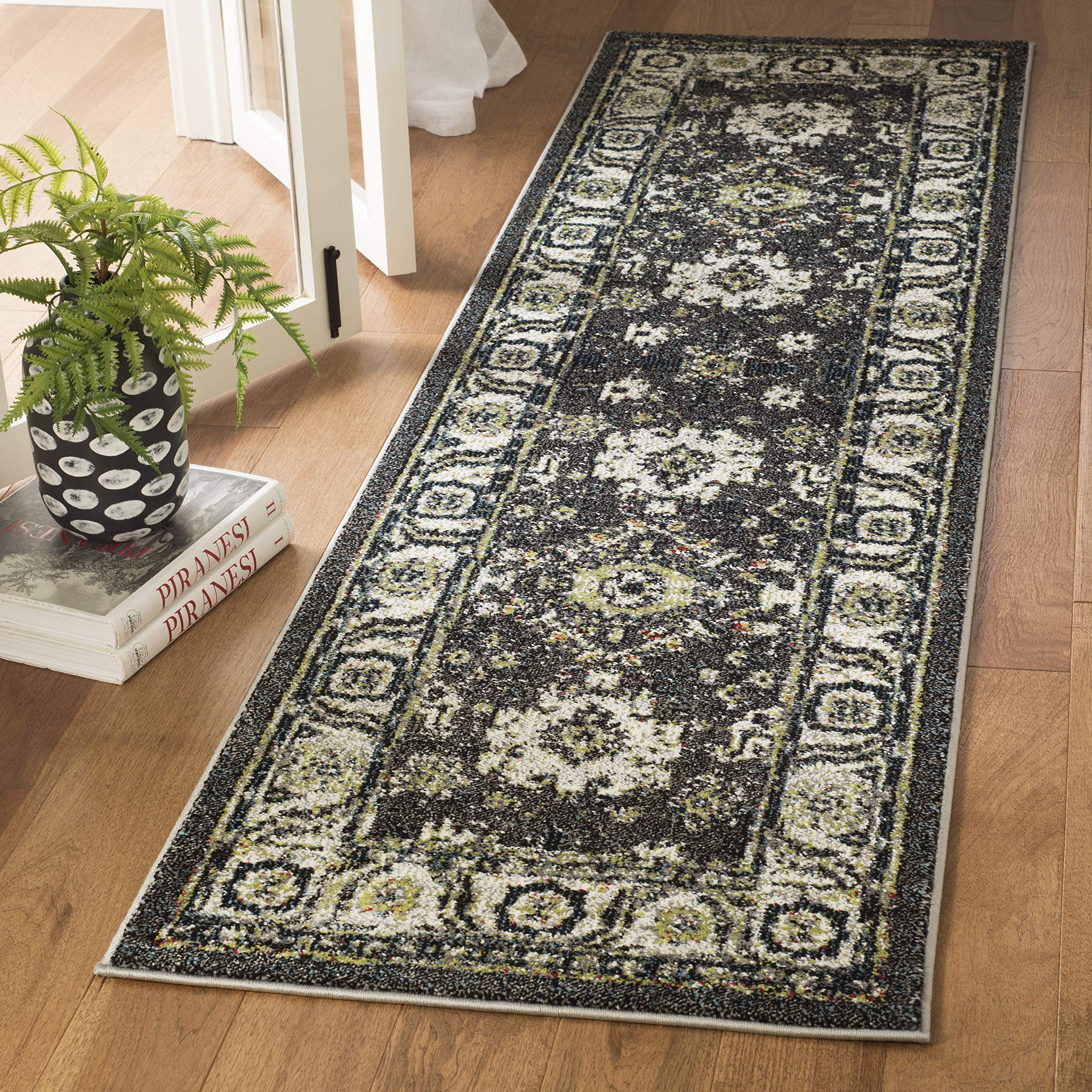 SAFAVIEH Vintage Hamadan Collection Runner Rug - 23 x 8, Dark Grey & Ivory, Oriental Persian Design, Non-Shedding & Easy Care,