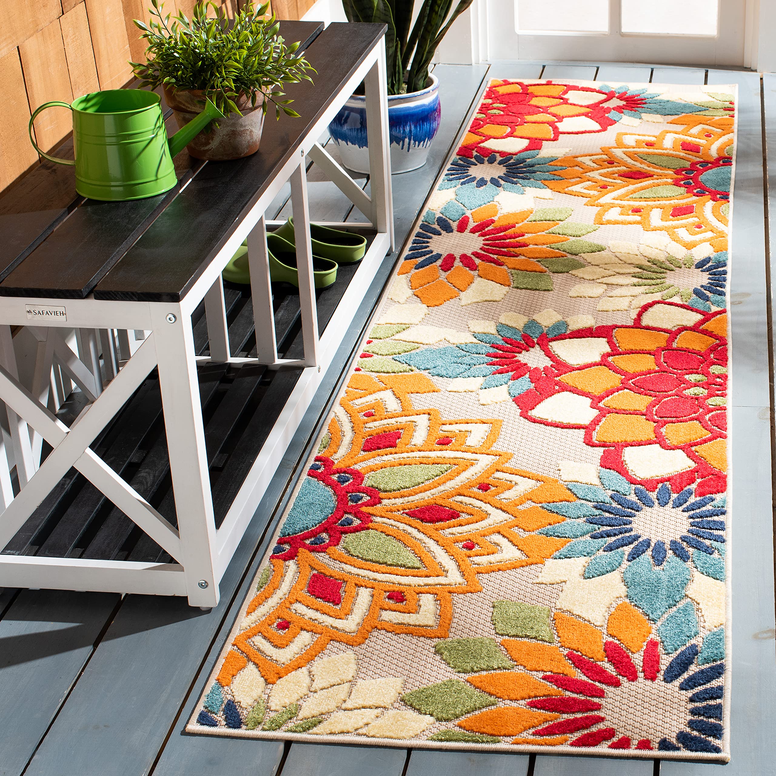 SAFAVIEH Cabana Collection Runner Rug - 22 x 13, Ivory & Orange, Floral Design, Indoor/Outdoor & Washable, Ideal for Patio, Ba
