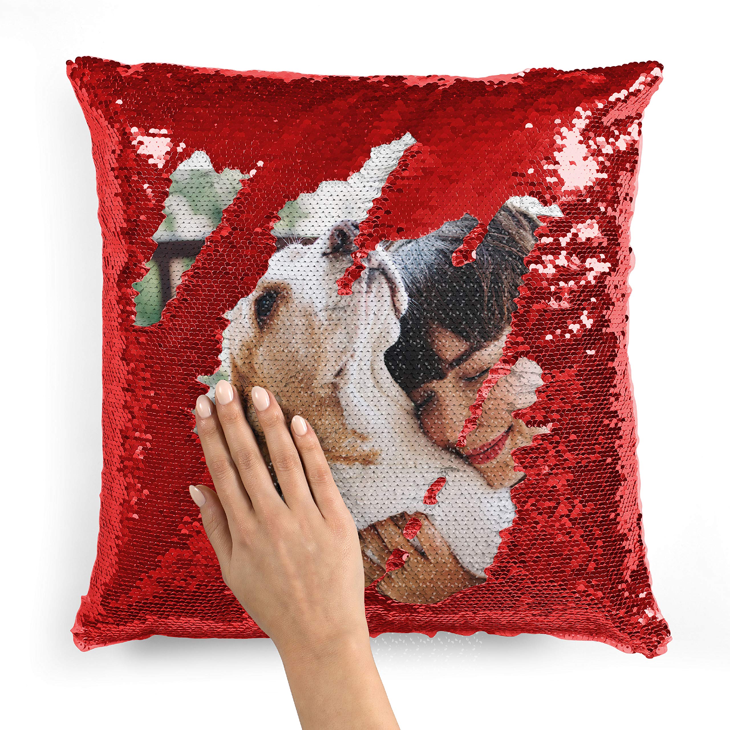 Custom Photo Sequin Pillow Cases | Red Mermaid Cover W Any Picture | Magic Reversible Throw Pillowcase Decorative Cushion, Gift