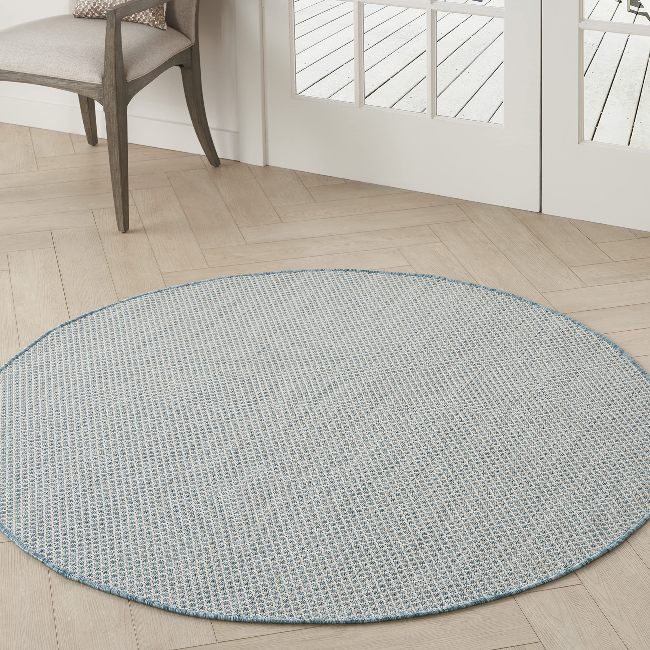 Nourison Courtyard Indoor/Outdoor Ivory/Aqua 4' X Round Area Rug, Easy Cleaning, Non Shedding, Bed Room, Living Room, Dining Roo