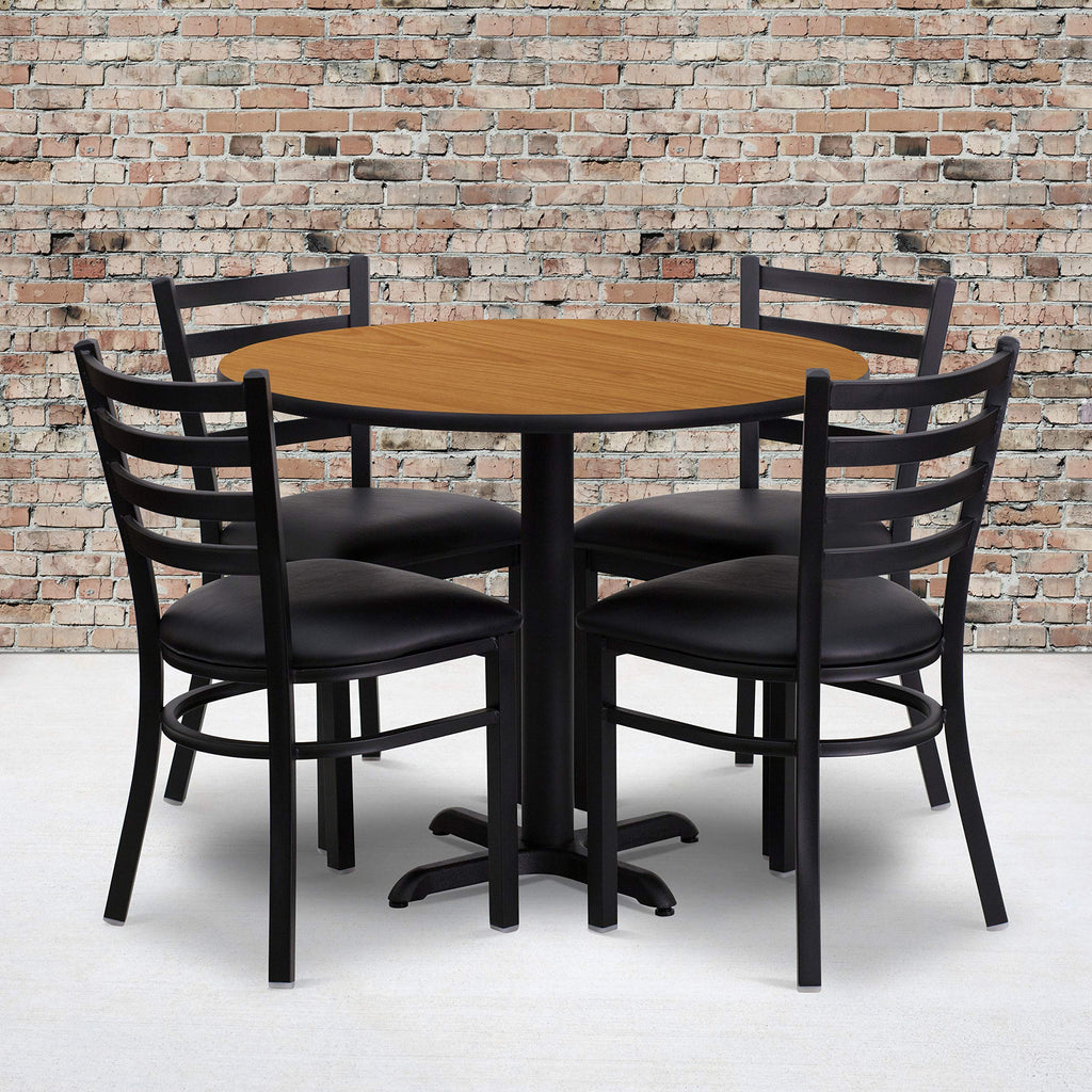 Flash Furniture Carlton 36'' Round Natural Laminate Table Set with X-Base and 4 Ladder Back Metal Chairs - Black Vinyl Seat
