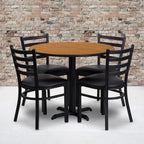 Flash Furniture Carlton 36'' Round Natural Laminate Table Set with X-Base and 4 Ladder Back Metal Chairs - Black Vinyl Seat