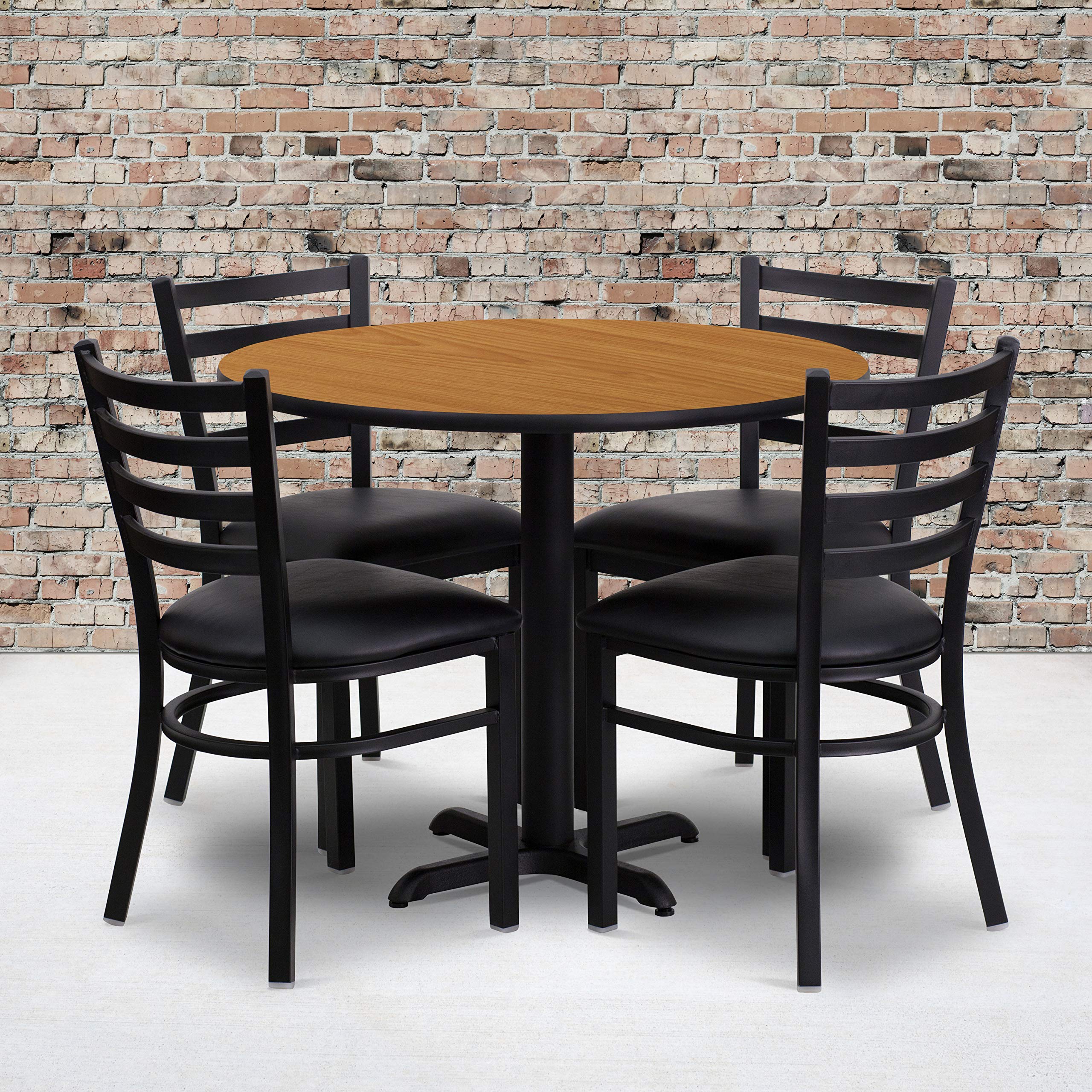 Flash Furniture Carlton 36'' Round Natural Laminate Table Set with X-Base and 4 Ladder Back Metal Chairs - Black Vinyl Seat