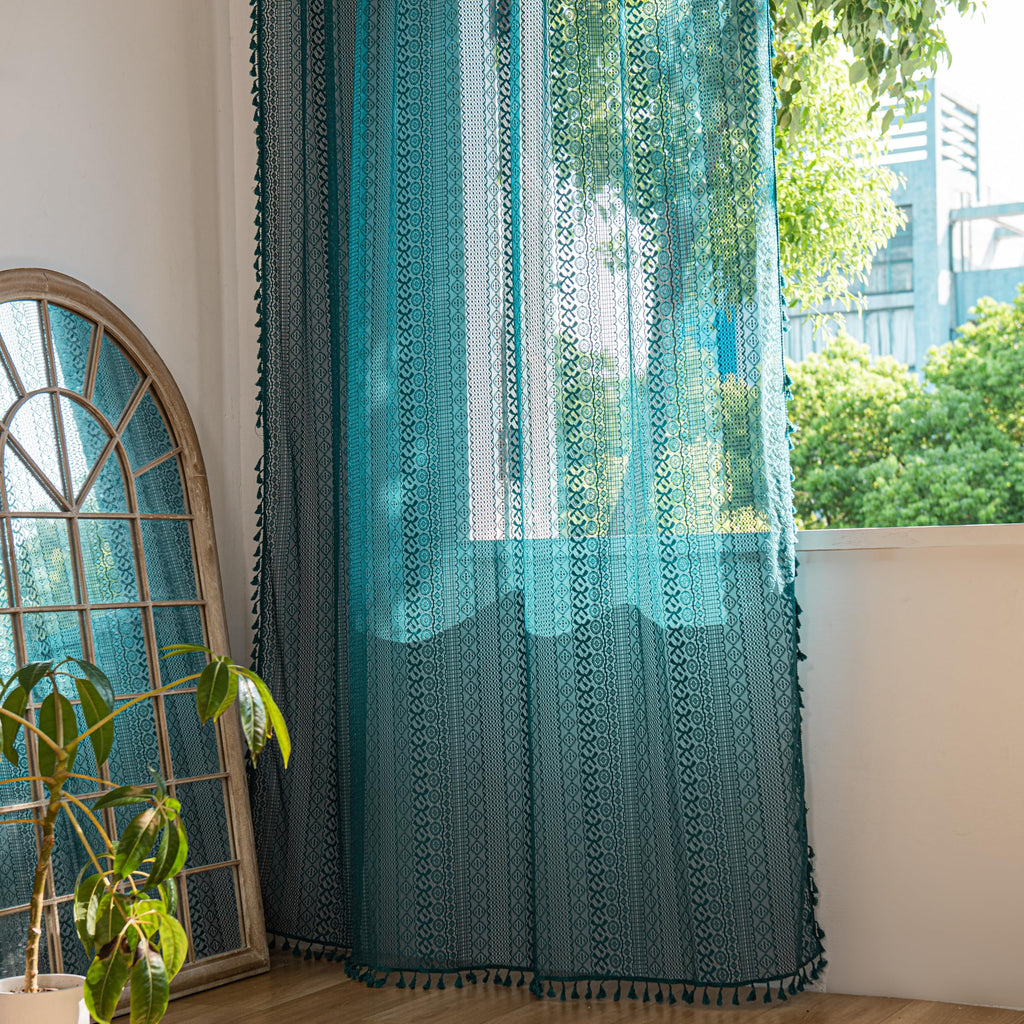 Sutuo Home Boho Curtains 96 Inches Long For Bedroom Living Room Nursery Room, Crochet Lace Sheer Bohemian Hollow With Tassels,Wi