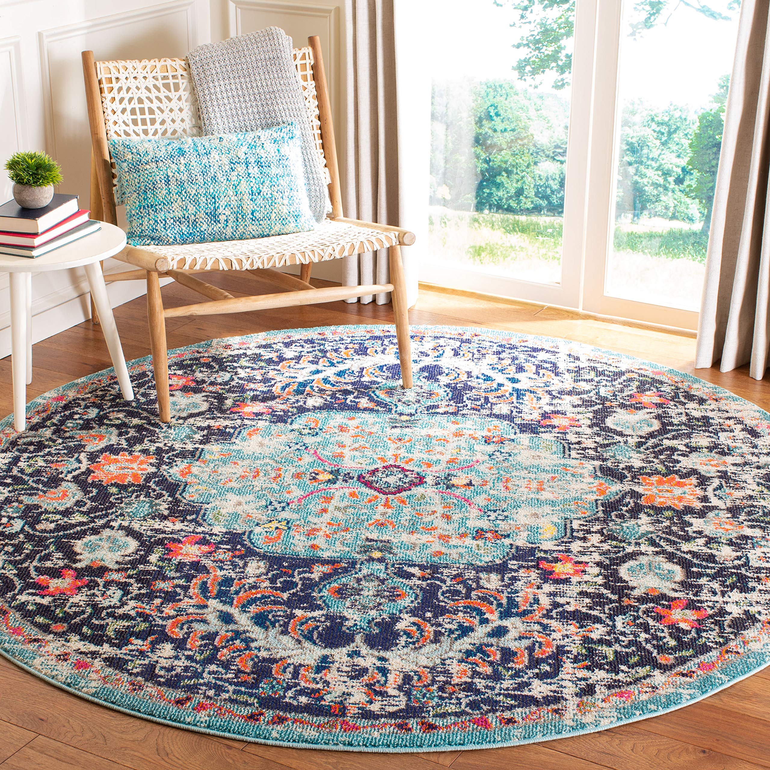 SAFAVIEH Madison Collection Area Rug - 67 Round, Black & Teal, Boho Chic Medallion Distressed Design, Non-Shedding & Easy Care,