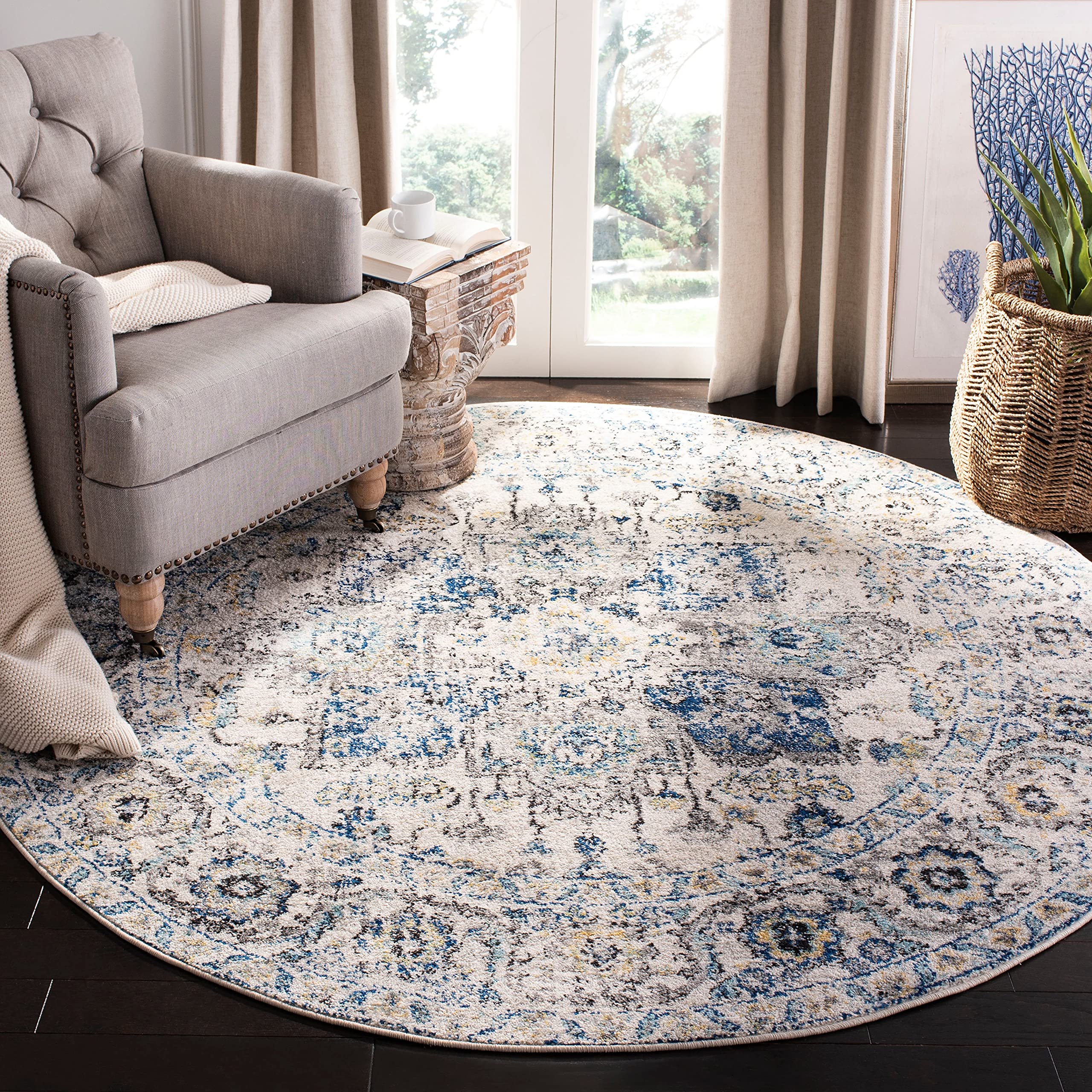 SAFAVIEH Madison Collection 4 Round Grey/Ivory MAD603F Oriental Snowflake Medallion Distressed Non-Shedding Dining Room Entrywa