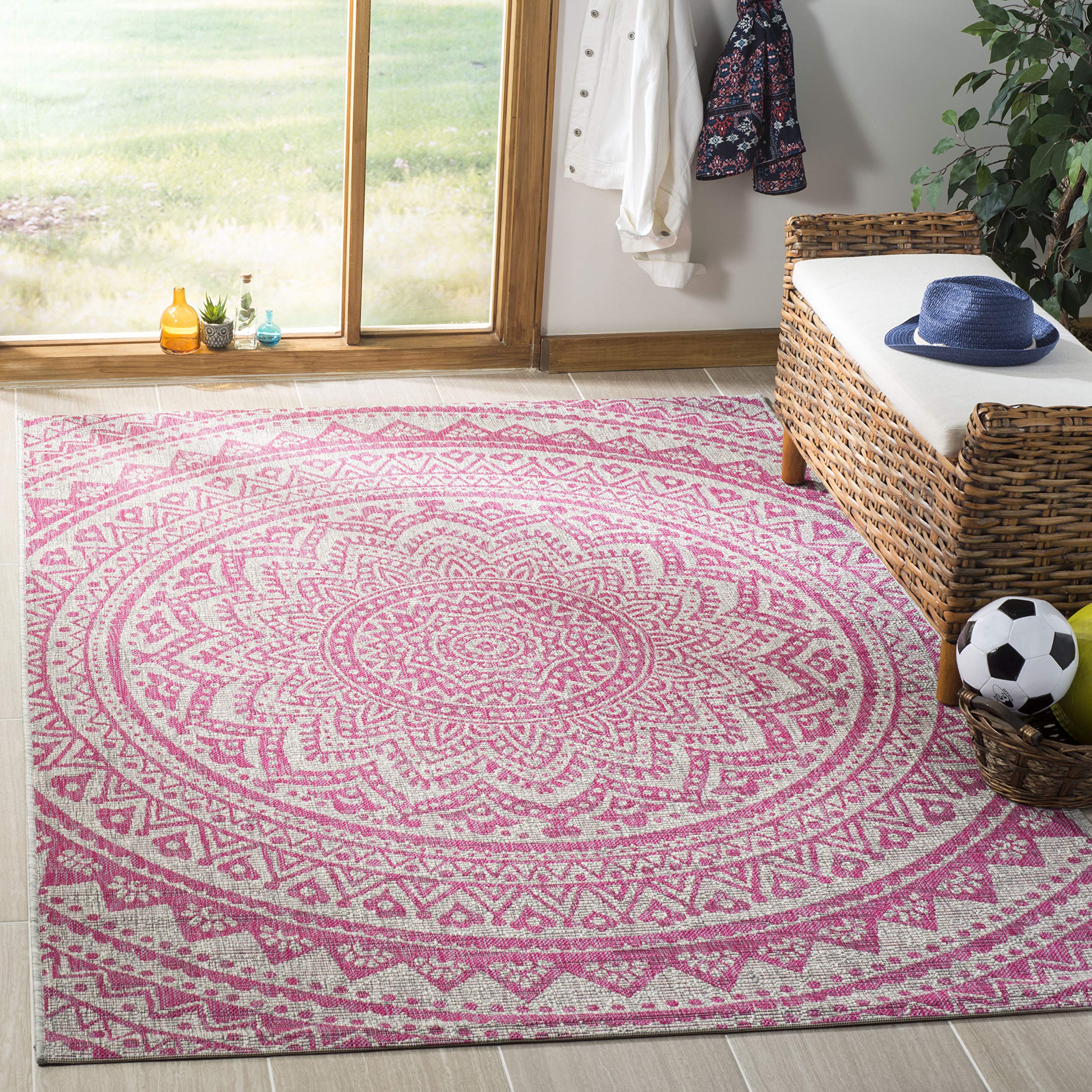 Safavieh Courtyard Collection 4' Square Light Grey/Fuchsia Cy8734 Indoor/Outdoor Non-Shedding Easy Cleaning Patio Backyard Porch Deck Mudroom Area Rug