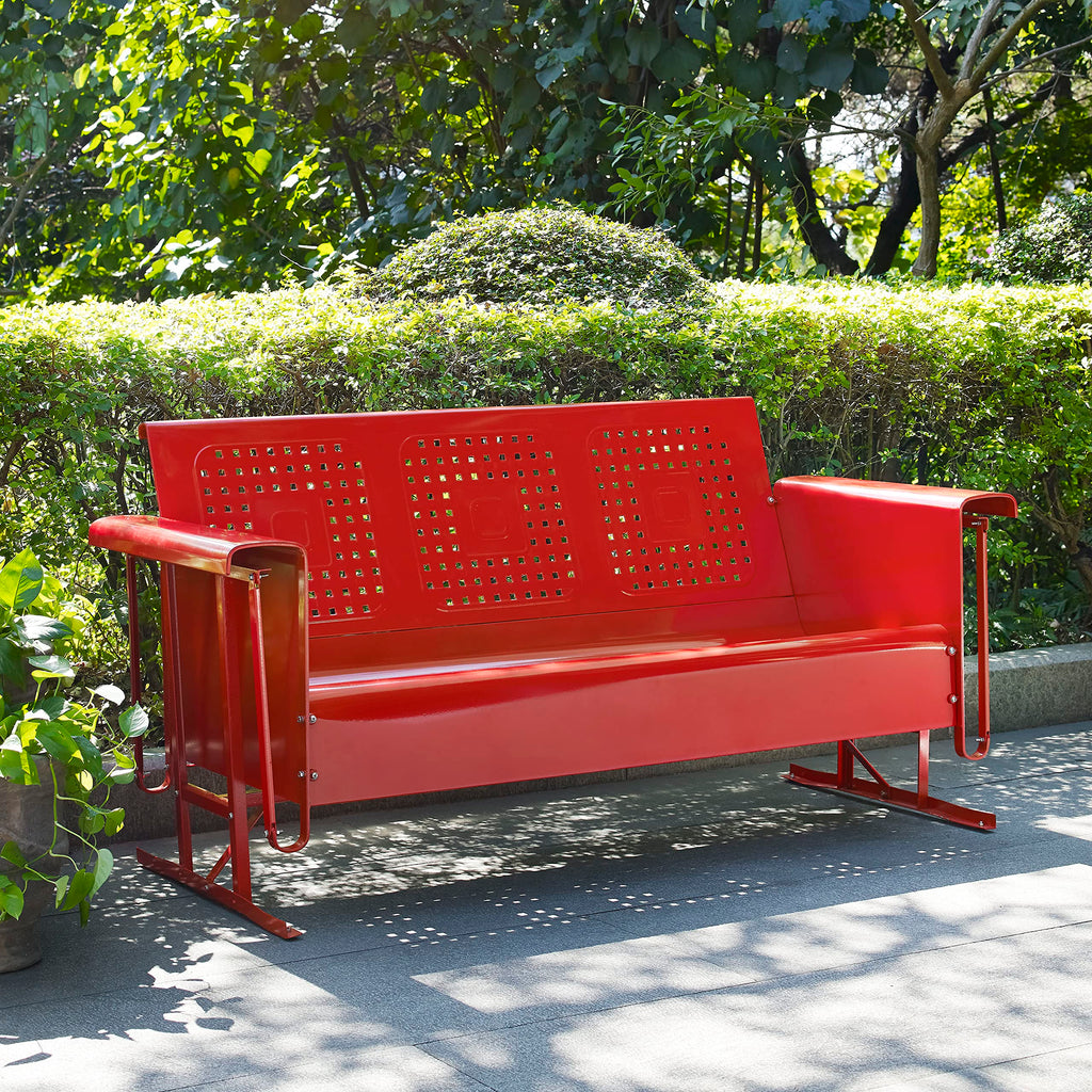 Crosley Furniture Bates Retro Metal Outdoor Sofa Glider, 3-Person Rocking Patio Bench for Porch, Deck, Bright Red Gloss