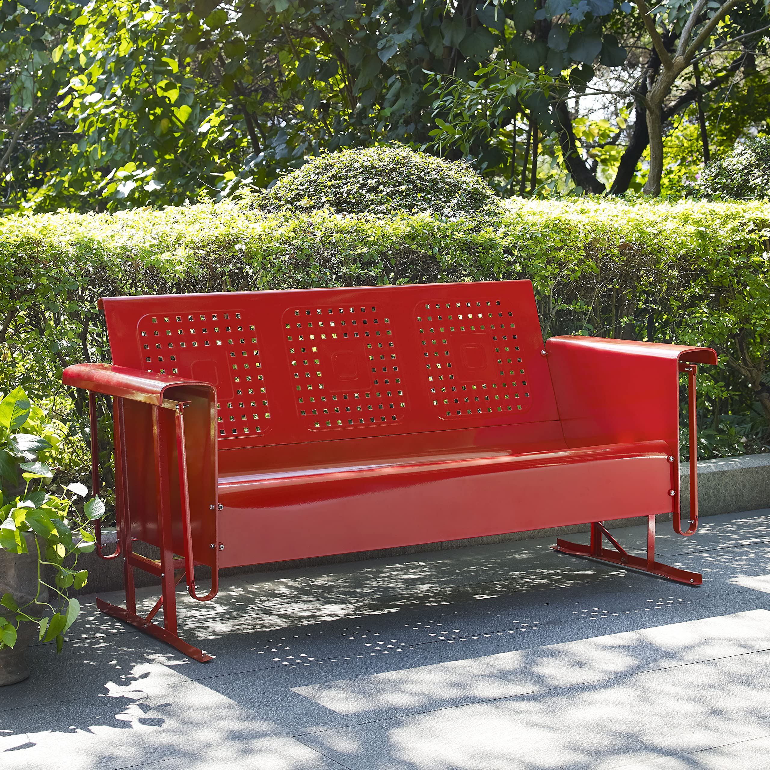 Crosley Furniture Bates Retro Metal Outdoor Sofa Glider, 3-Person Rocking Patio Bench for Porch, Deck, Bright Red Gloss