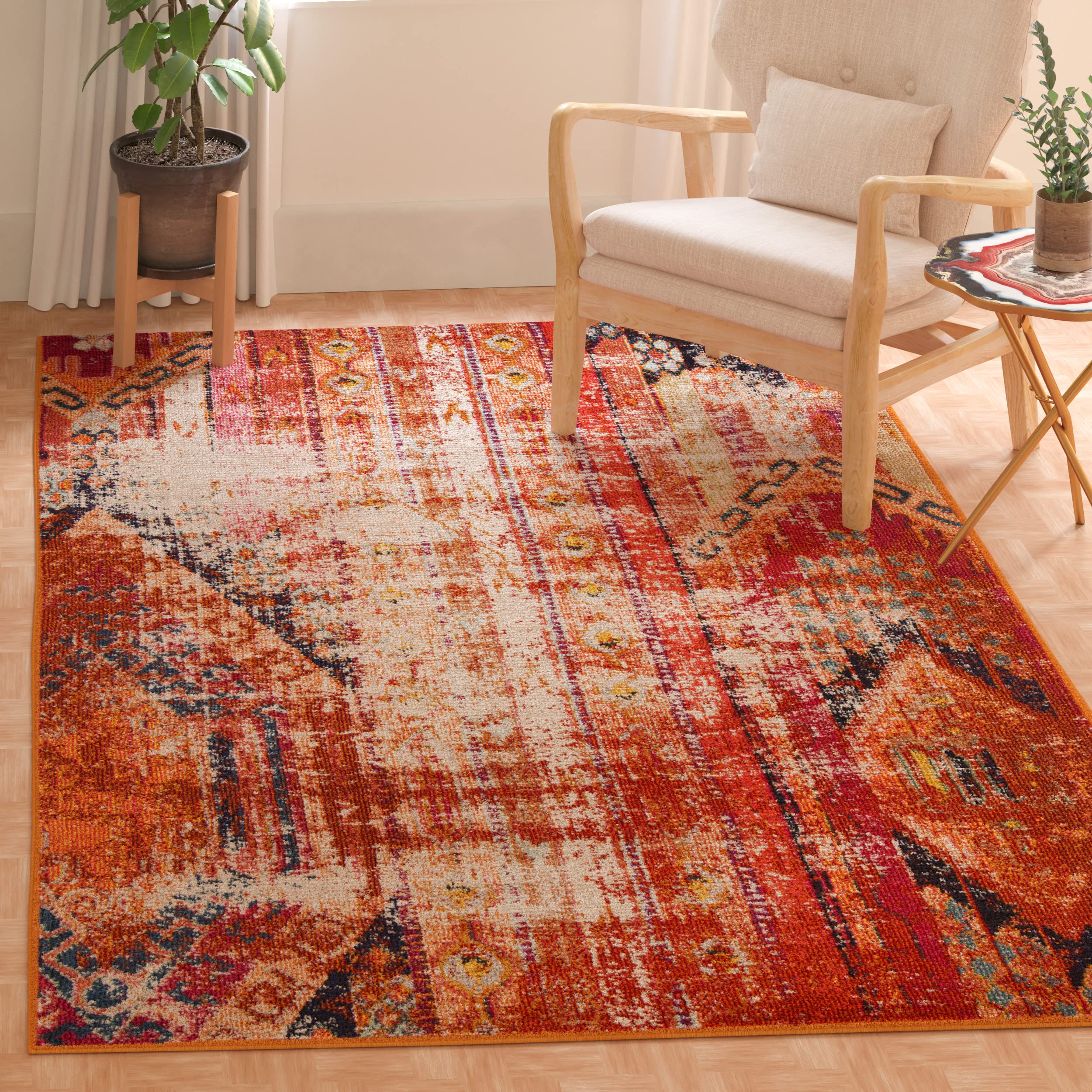 SAFAVIEH Monaco Collection Accent Rug - 3 x 5, Orange & Multi, Boho Chic Tribal Distressed Design, Non-Shedding & Easy Care, I