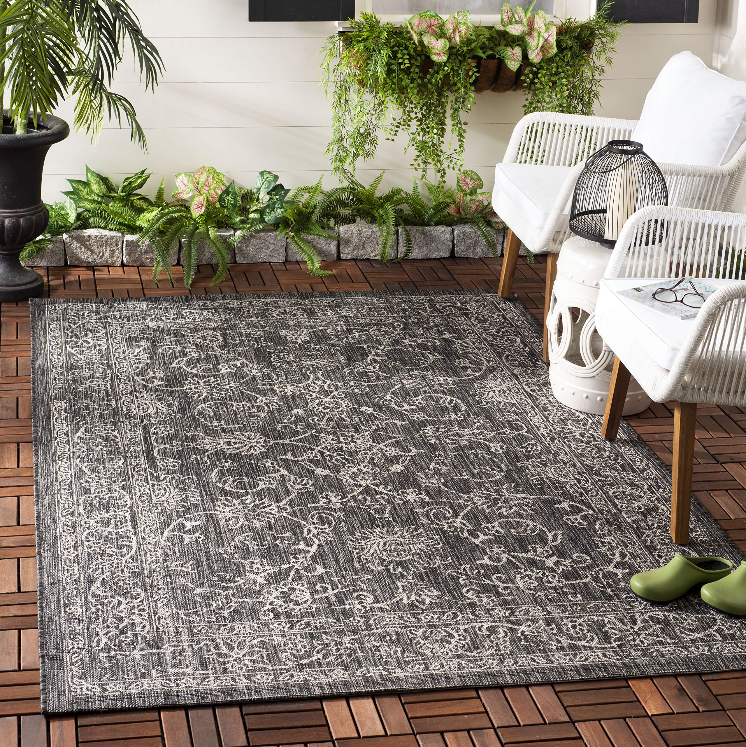 Safavieh Courtyard Collection 4' X 5'7' Black/Ivory Cy8680 Indoor/ Outdoor Patio Backyard Mudroom Accent Rug