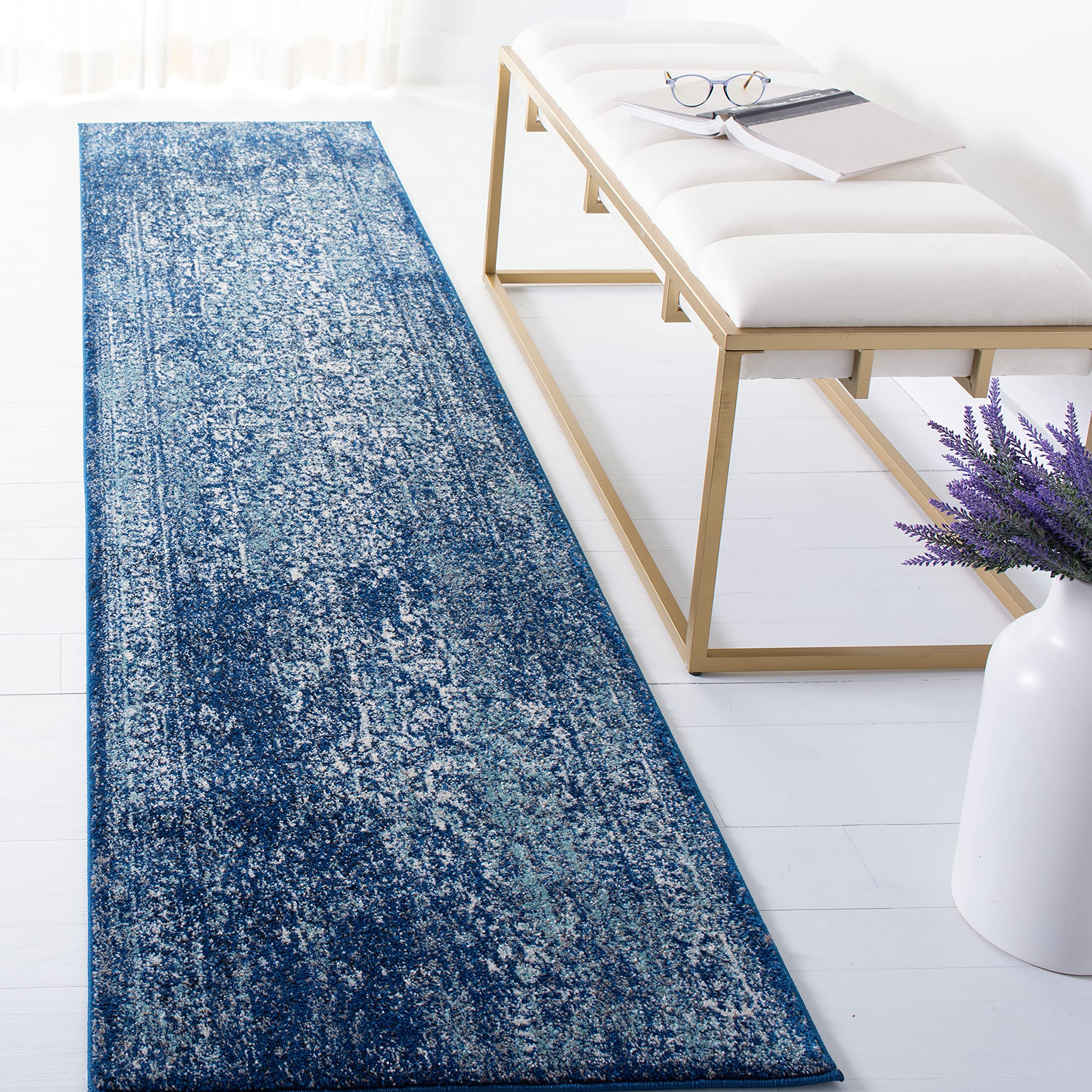 SAFAVIEH Evoke Collection Runner Rug - 22 x 9, Navy & Ivory, Oriental Distressed Design, Non-Shedding & Easy Care, Ideal for H