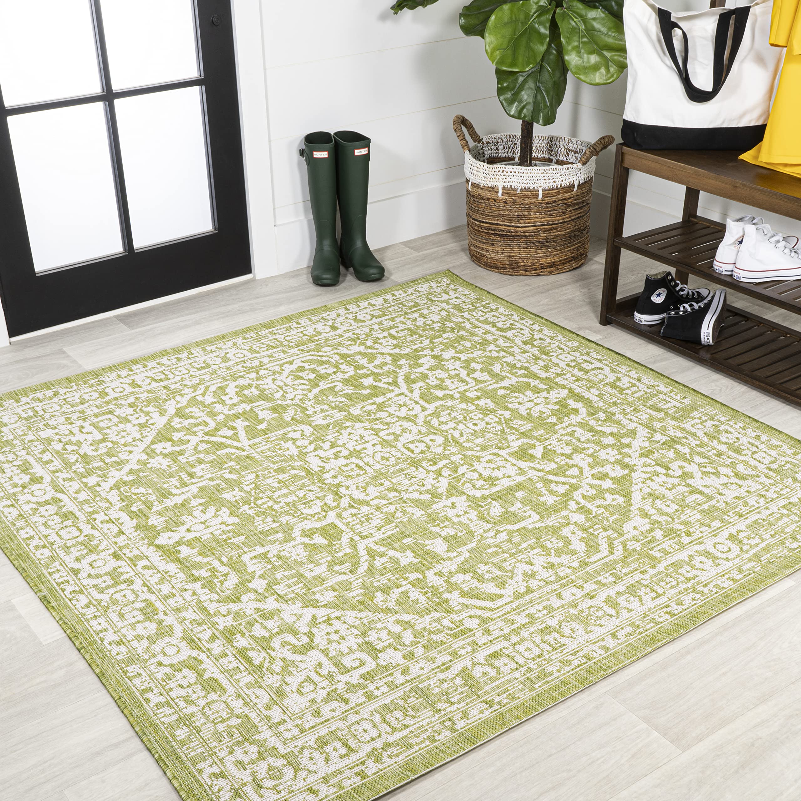 Jonathan Y Smb104D-5Sq Malta Bohemian Medallion Textured Weave Indoor Outdoor Area Rug, Coastal Traditional Transitional Easy Cleaning,Bedroom,Kitchen,Backyard,Patio,Non Shedding 5' Square,Green/Cream